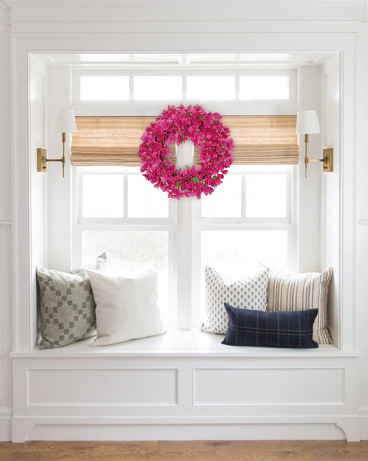 Briful Spring Front Door Wreath 18inches Artificial Bougainvillea Flower Wreath Silk Pink Floral Hanging Wreath Outdoor Summer Wreath for Home Wall Mantle Party Wedding Décor