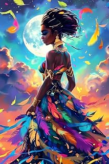 GUAIEUW DIY African Diamond Painting, The African Woman in The Dress of Colorful Feathers Paint by Numbers for Beginners, Full Round Diamond Art Kits for Room Decor & Living Room Decor (8x12 inch)