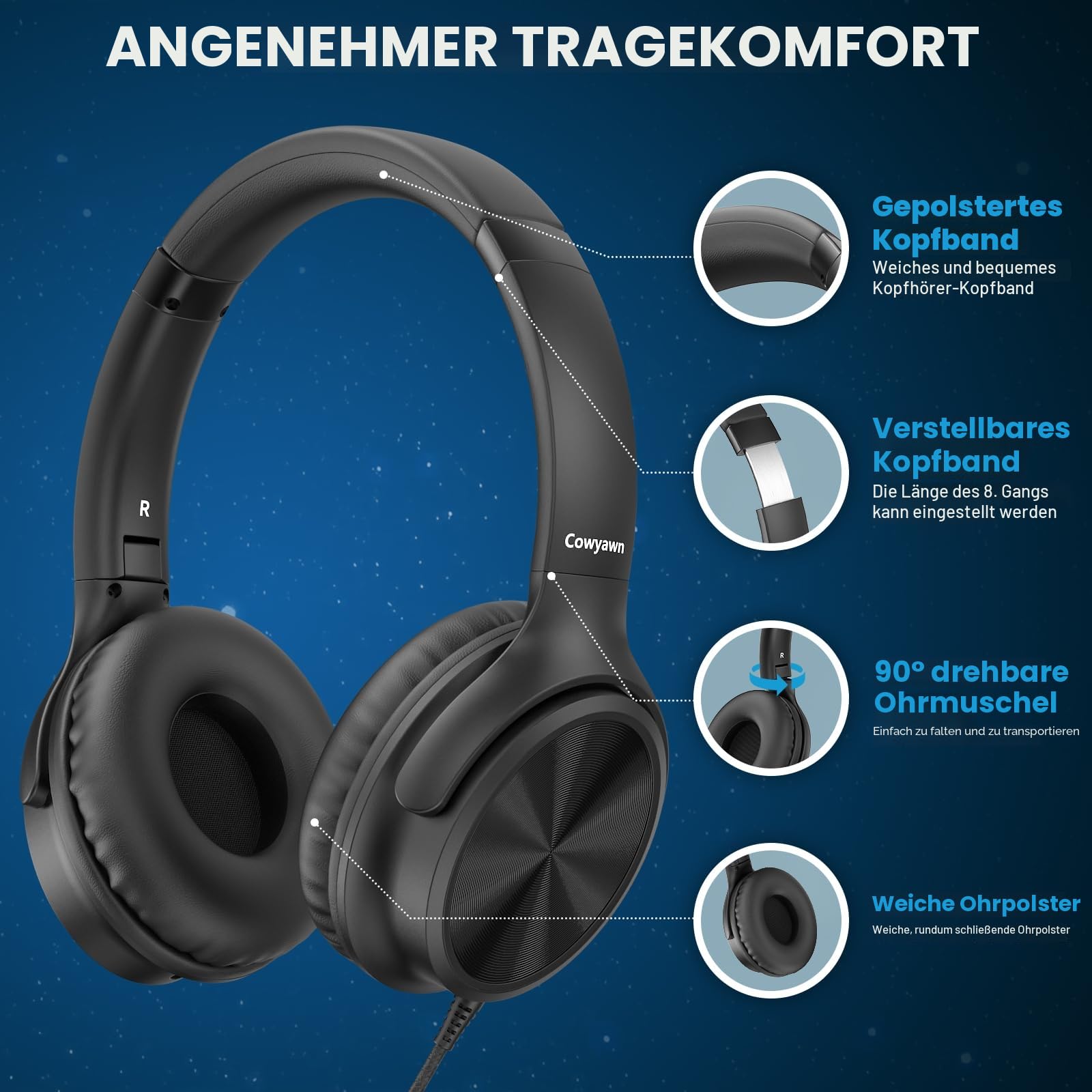 Cowyawn USB-C-Kopfhörer kabelgebunden, Over-Ear-Kopfhörer mit Mikrofon, Lautstärkeregler, HD-Stereo-Sound, faltbare,leichte Kopfhörer für Erwachsene/Teenager/Chromebooks/Laptop/Computer/Reisen,Schwarz