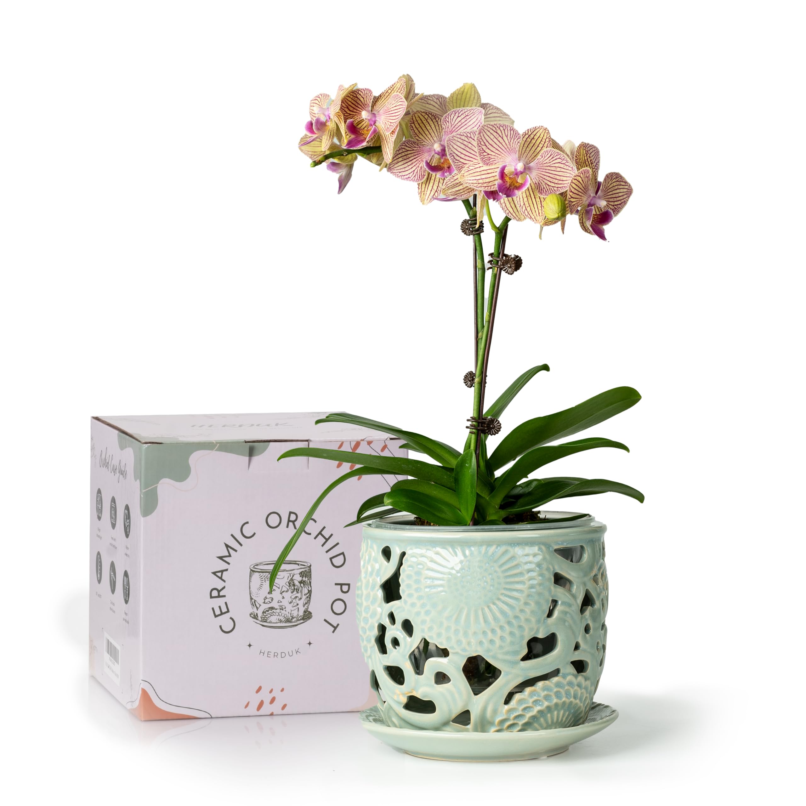 HERDUK Ceramic Orchid Pot, Sky Blue