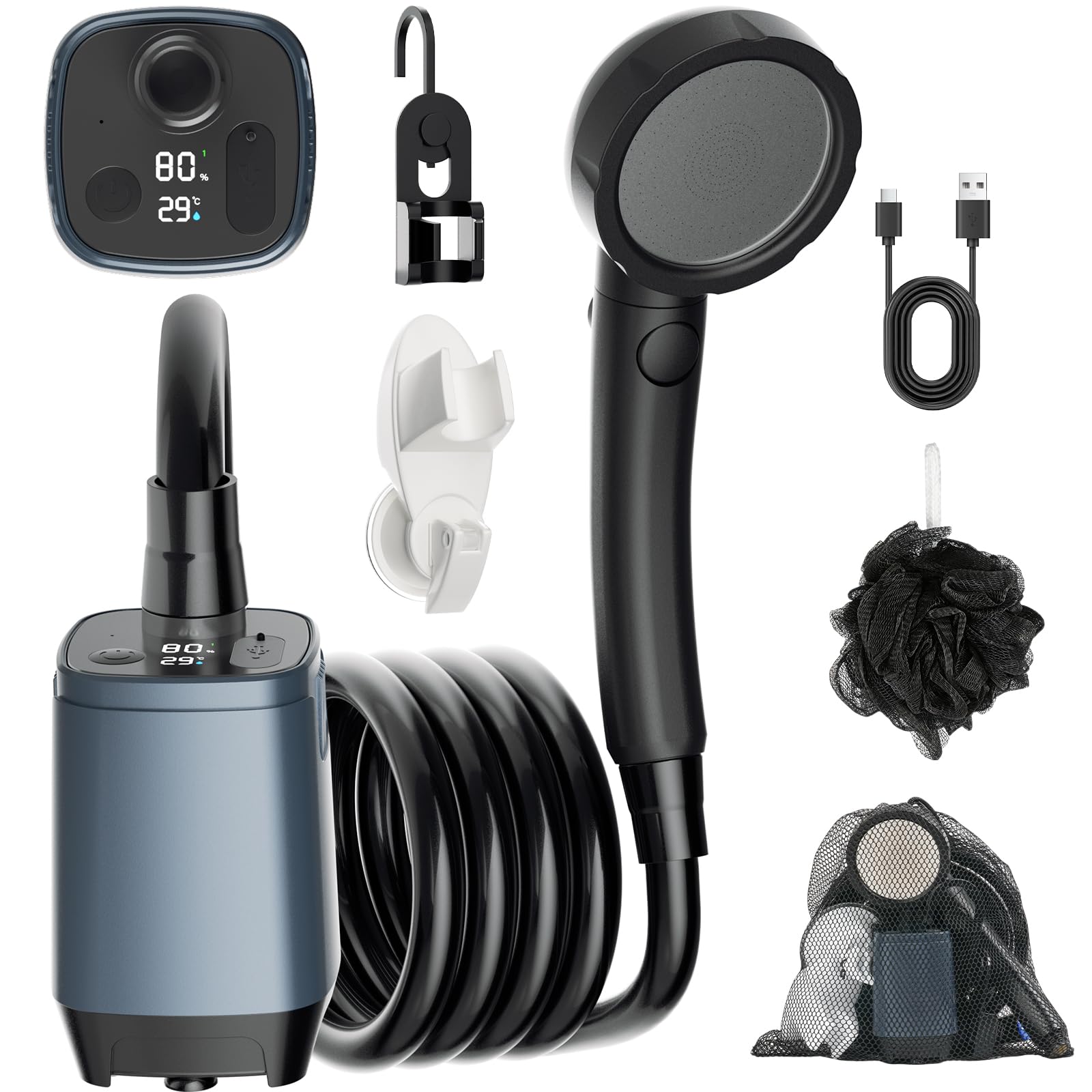 Doccia da Campeggio con Display Digital,6000mAh Doccia Ricaricabile Portatile,IPX7,4 modalità di Doccia e Un Tubo da 2M,Viaggi, Escursioni, Campeggio, Docce all'aperto, Animali Domestici