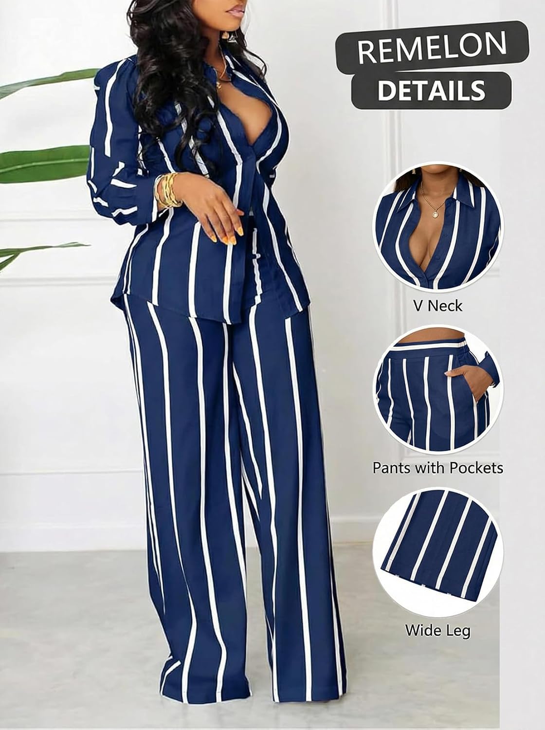 Remelon Women's Casual Two Piece Outfits Striped Long Sleeve Collar Button Down Shirt Blouse High Waist Wide Leg Pants Sets