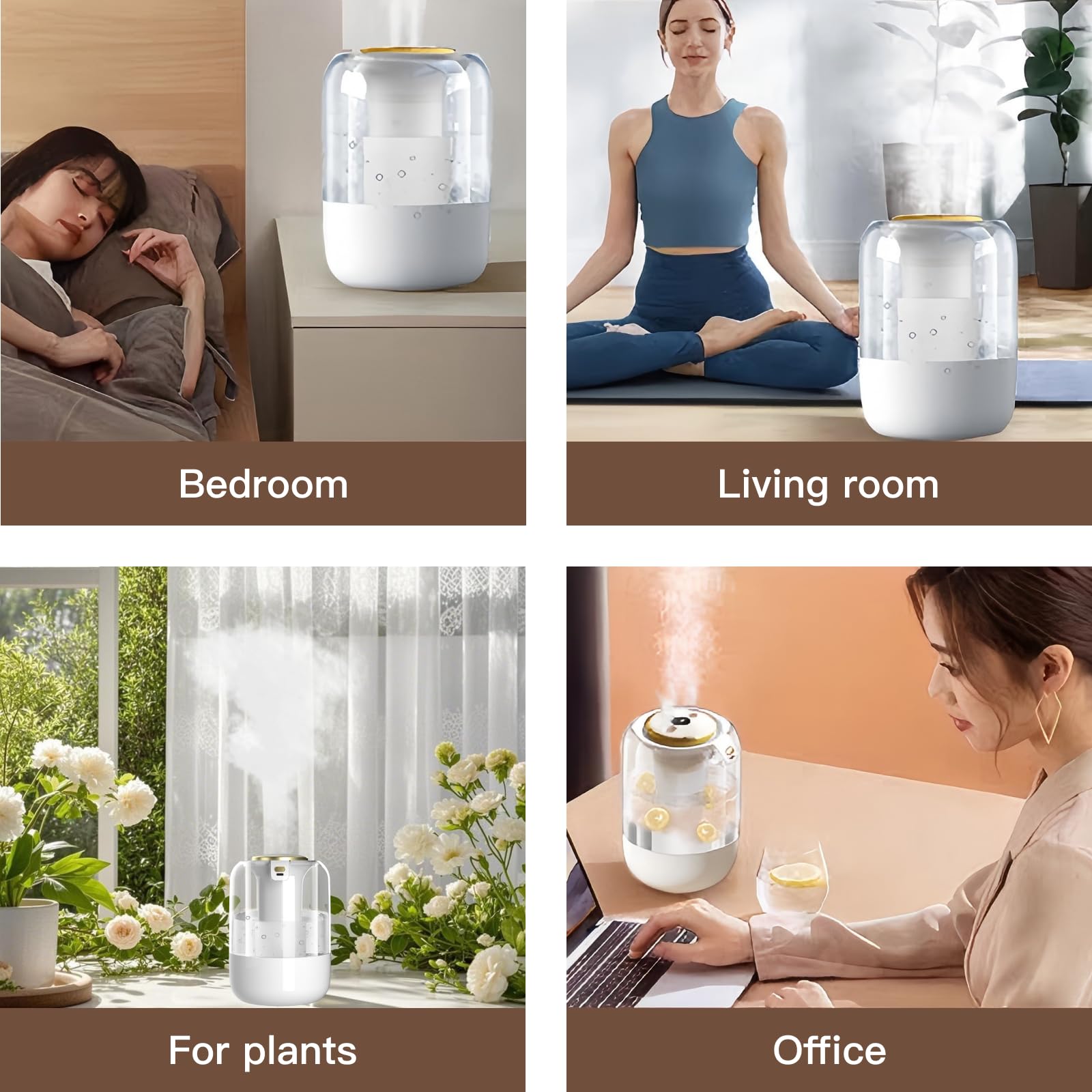 Humidificador de aire para dormitorio, humidificador silencioso de niebla fría de 2 litros para plantas, dormitorio, oficina, hogar, coche, humidificador personal con 3 modos de niebla y luz