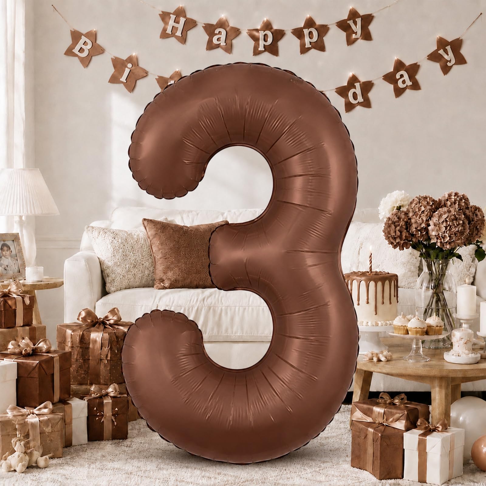 Dark Brown Number 3 Balloon, 40 Inch Giant Chocolate Brown Number Balloons 0-9 Girls Boys, Self Inflating Helium Foil 3rd Birthday Balloon 3 for Women Birthday Anniversary Baby Shower Party Decoration