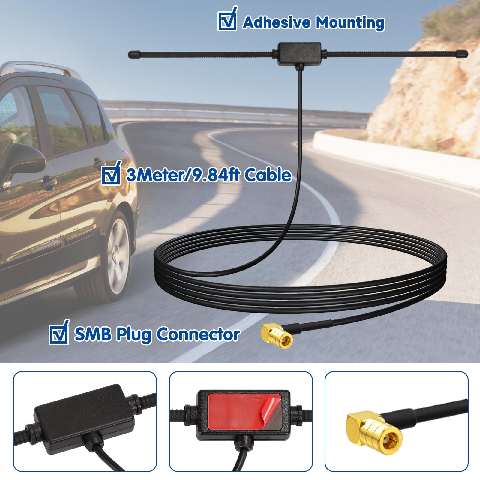 Antenne Universelle FM/DAB+ Pour Autoradio - Gain 5 DBi, 3 Mètres, Colle Sur Ton Pare-brise !