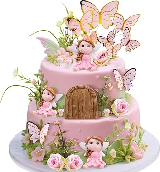 Kigley 38 Pcs Fairy Cake Toppers Garden Topper Fairy Cake Decoration Pink Mushroom Butterfly Flowers Dessert Decoration for Birthday Baby Shower Party Favors