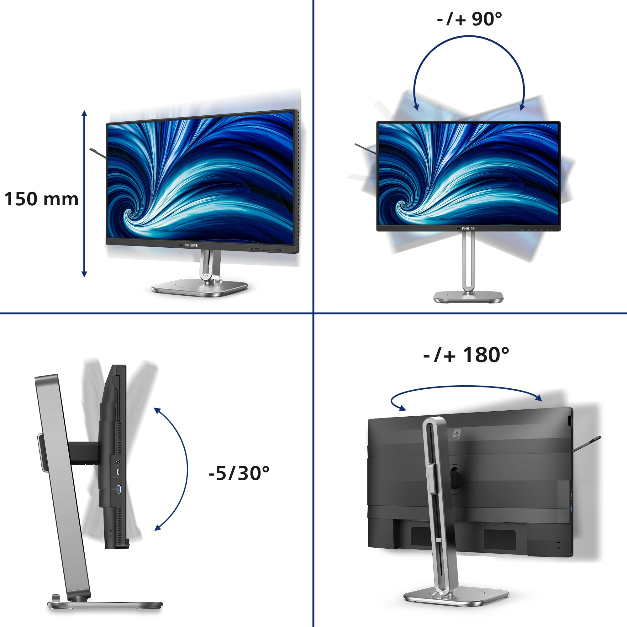 Philips 24B2N4200-24-calowy monitor FHD, głośniki, regulacja wysokości (1920 x 1080, 120 Hz, VGA, HDMI 1.4, DisplayPort 1.2, hub USB), czarno-szary