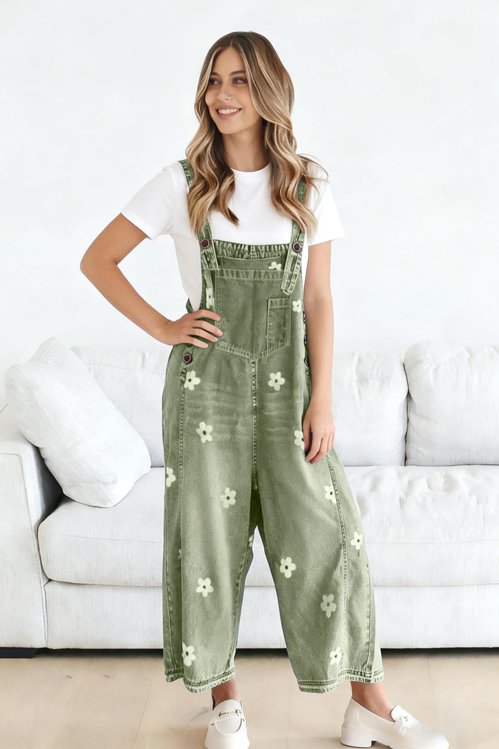 utcoco Femmes Floral Imprimé Ceinture Réglable Bavoir Denim Salopette Large Jambe Jeans Casual Baggy Salopette Jumpsuit