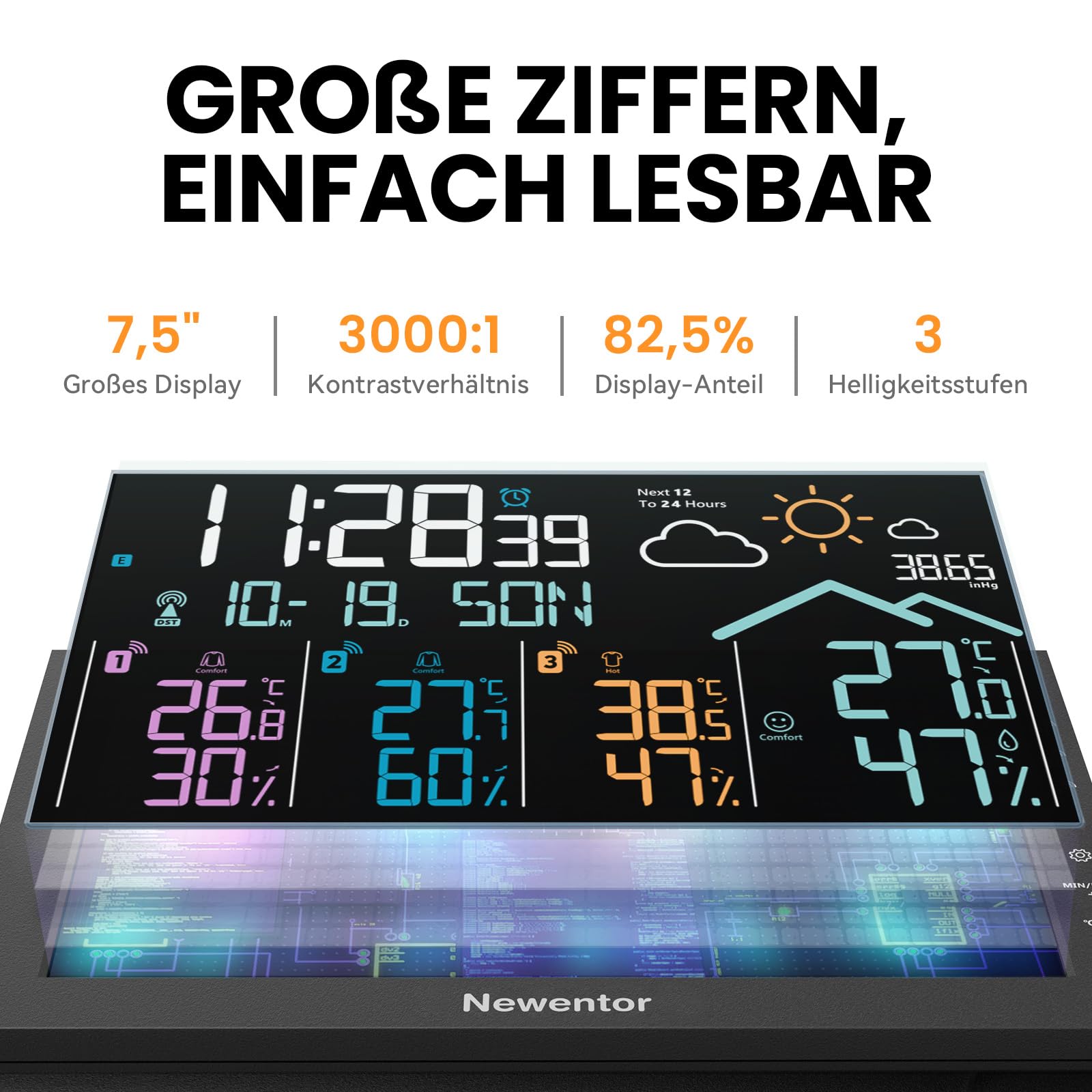 Newentor Wetterstation mit 3 Außensensoren, Netzbetrieb, große Anzeige | 7,5" HD-Farbdisplay, zeigt 3 Kanäle gleichzeitig, DCF-Funkuhr, Außensensor mit eigenem Display, Schwarz.