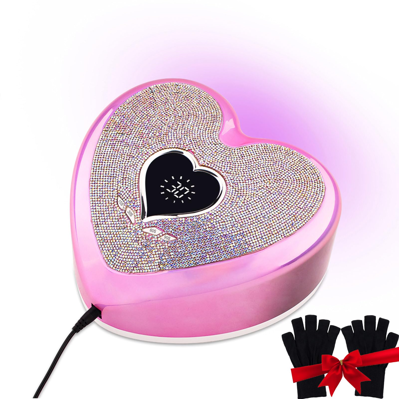 FRUJCDKI Nail Lamp, 96W Rechargeable UV Light for Nails/Acrylic Polish, LED Nail Lamp with 4 Timer Modes, Sparkling Heart Shape UV Nail Lamp Decorate with Colorful Nail Rhinestones Diamond (Pink)