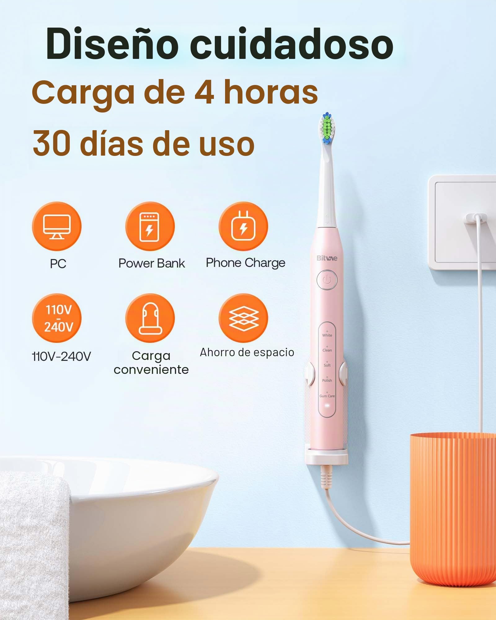 Bitvae D2 Cepillo de Dientes Eléctrico Sónico para Adultos y Niños, Cepillo de Dientes Eléctrico Ultrasónico Recargable, Rosa