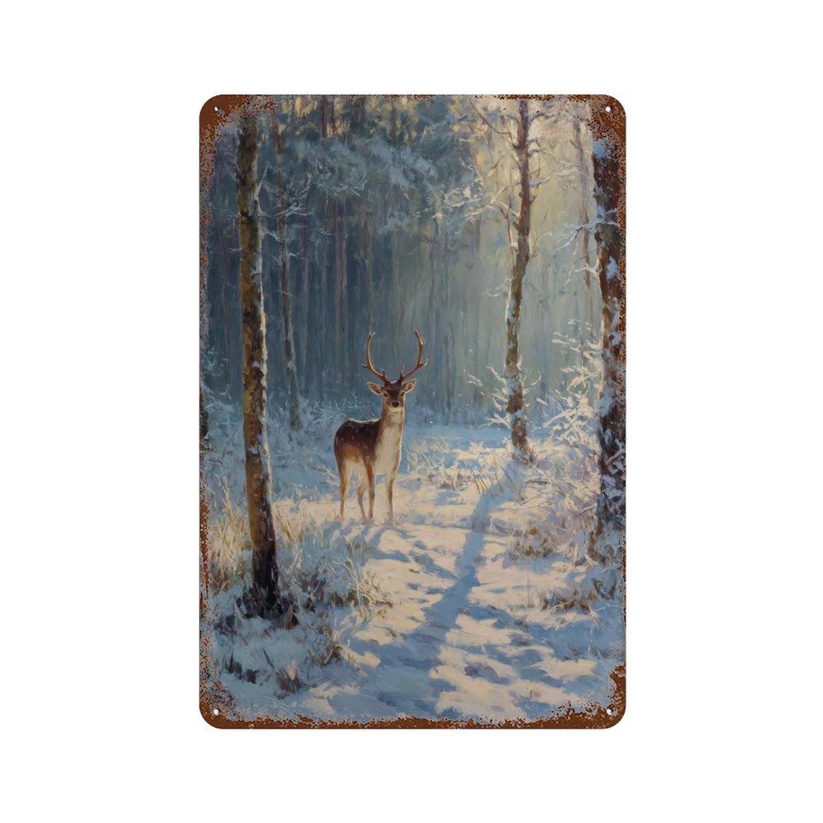xiaoxiaoshen Deer In Snow Forest. Impressionist Winter Landscape Wall Decor Art Metal Tin Poster Modern Home Decor Art Home Bar Shop Decorations Vintage Sign 30x20cm