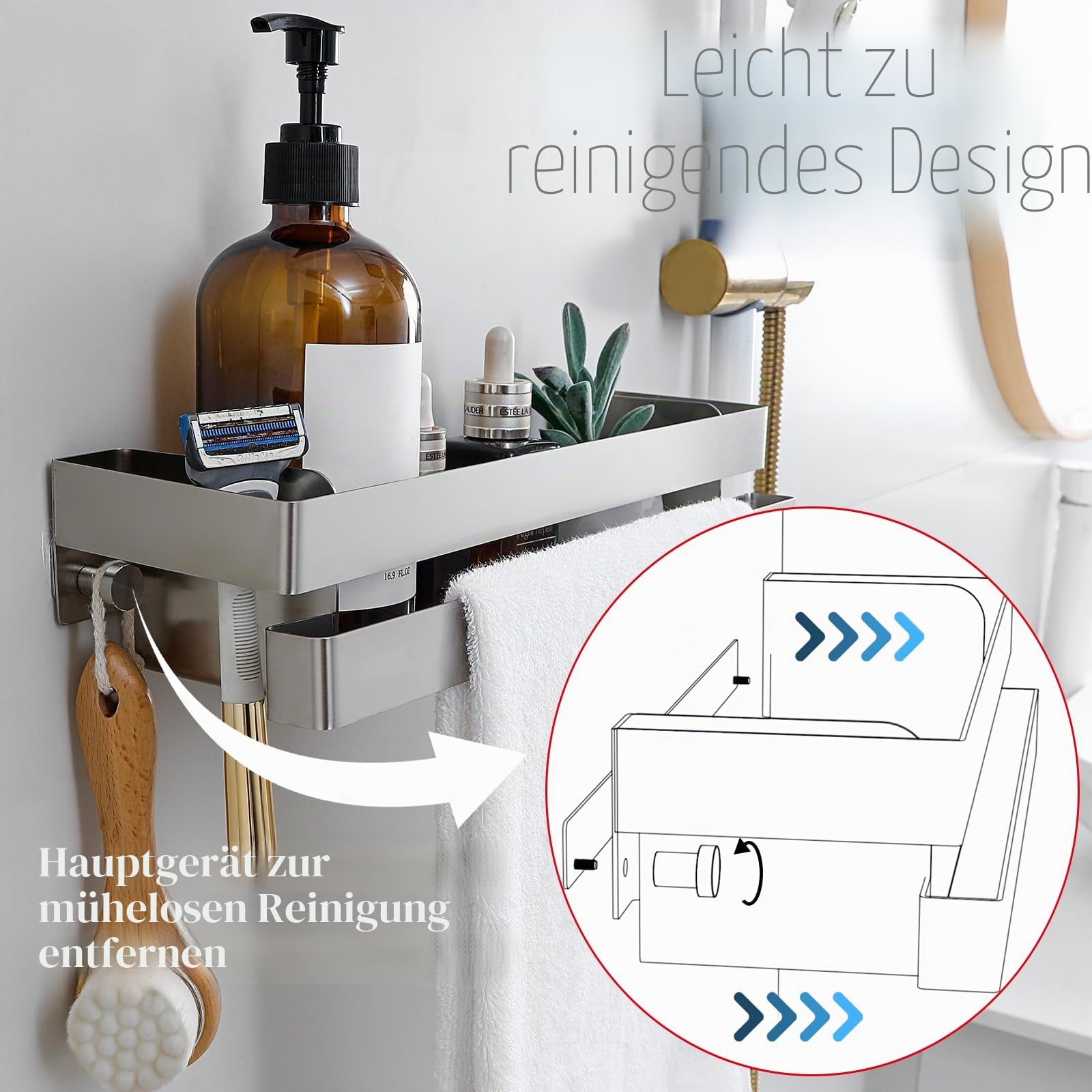 Ohne Bohren Edelstahl Badezimmer-Regal mit Haken - Wasserdichtes Wandregal für Duschgel, Shampoo & Handtuch - Rostfreier Dusche Organizer mit 5KG Tragkraft -Edelstahl matt