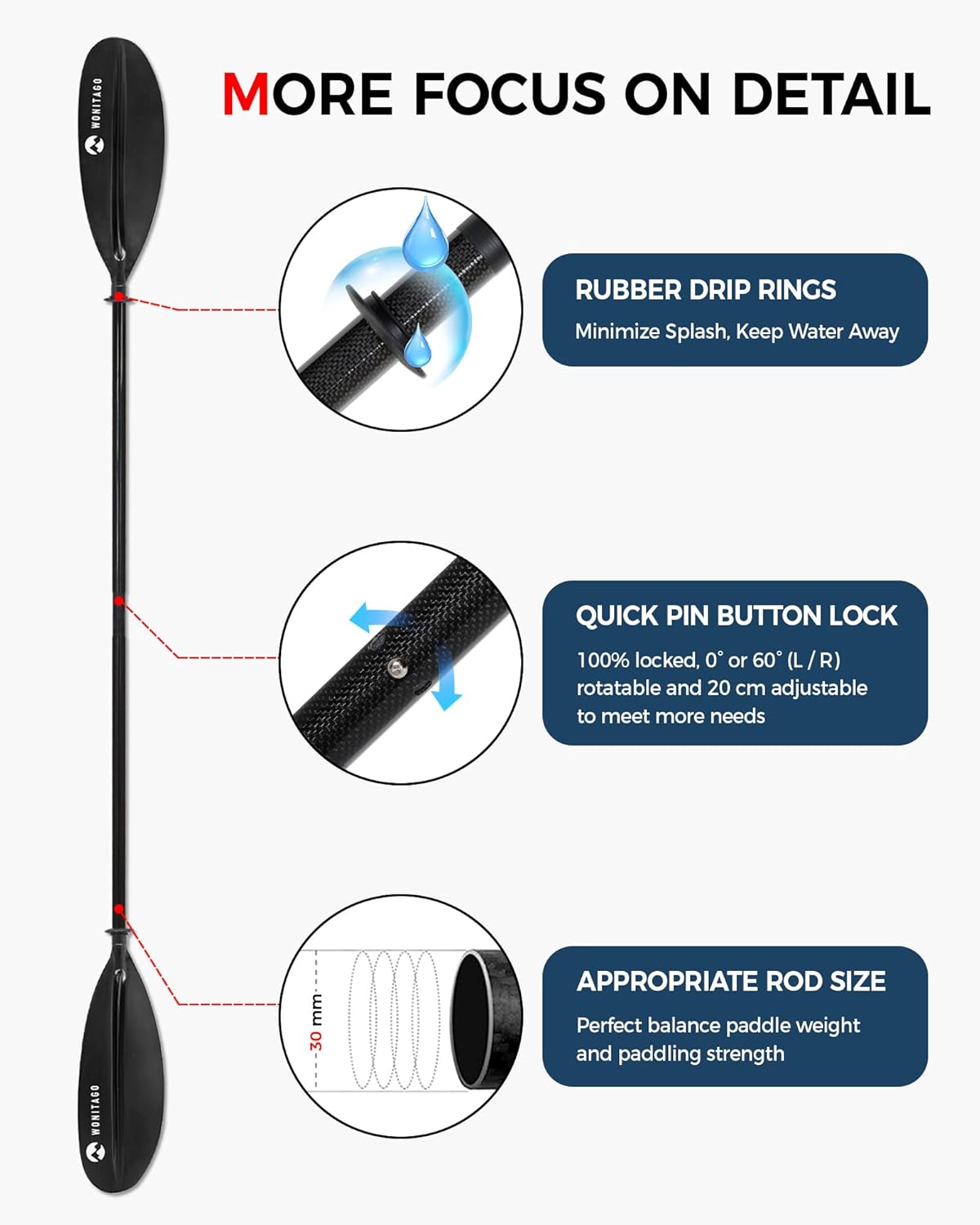 Kayak Paddle with Premium Carbon Fiber Shaft and Enhanced PP Blade, Adjustable Kayak Oar, 86-94" (220-240 cm), 94-102" (240-260 cm)