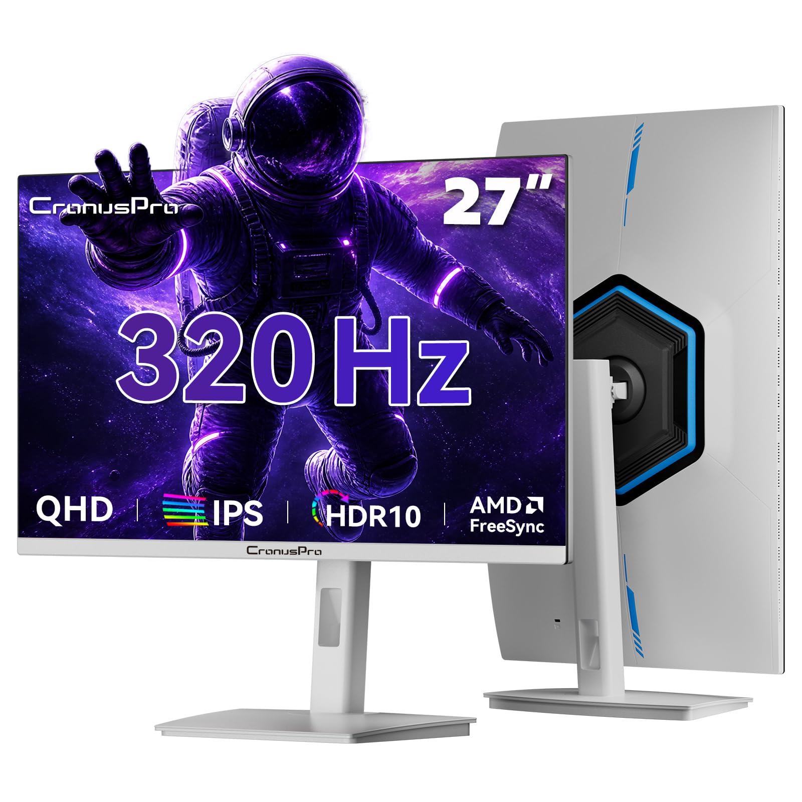 Bianco Display PC Gamer da 27 pollici, 320 Hz, Fast IPS 1 ms MPRT, 2K QHD (2560 x 1440), AMD FreeSync, Regolabile in Altezza, Girevole, HDMI 2.1/DP1.4, VESA 100 x 100 mm