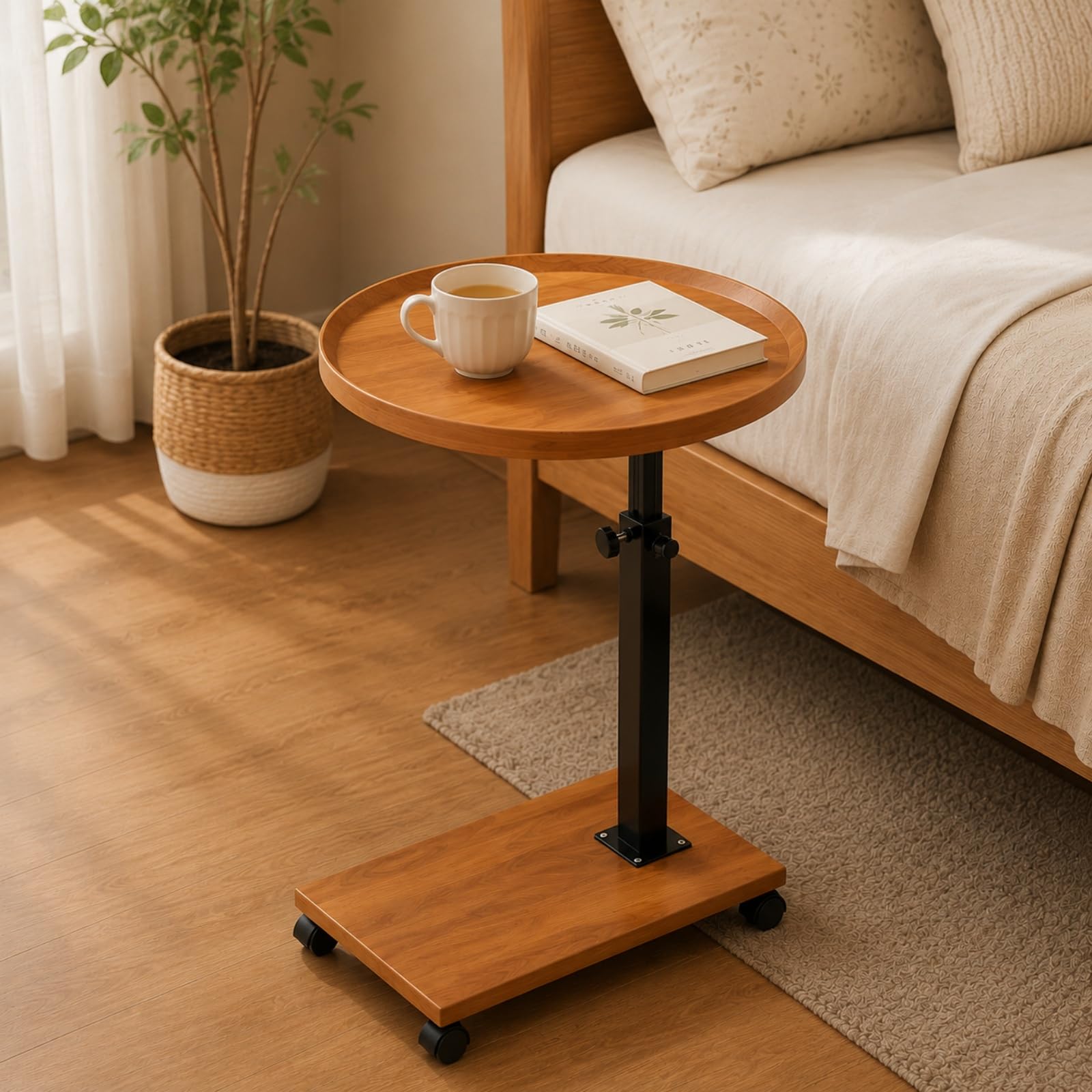 Tavolino Regolabile,Tavolino con Rotelle e Ruote Scorrevoli | Regolabile Altezza,Piano d'Appoggio Spazioso,Facile Spostare,Design Moderno per Spazi Ridotti(Natural,Round)