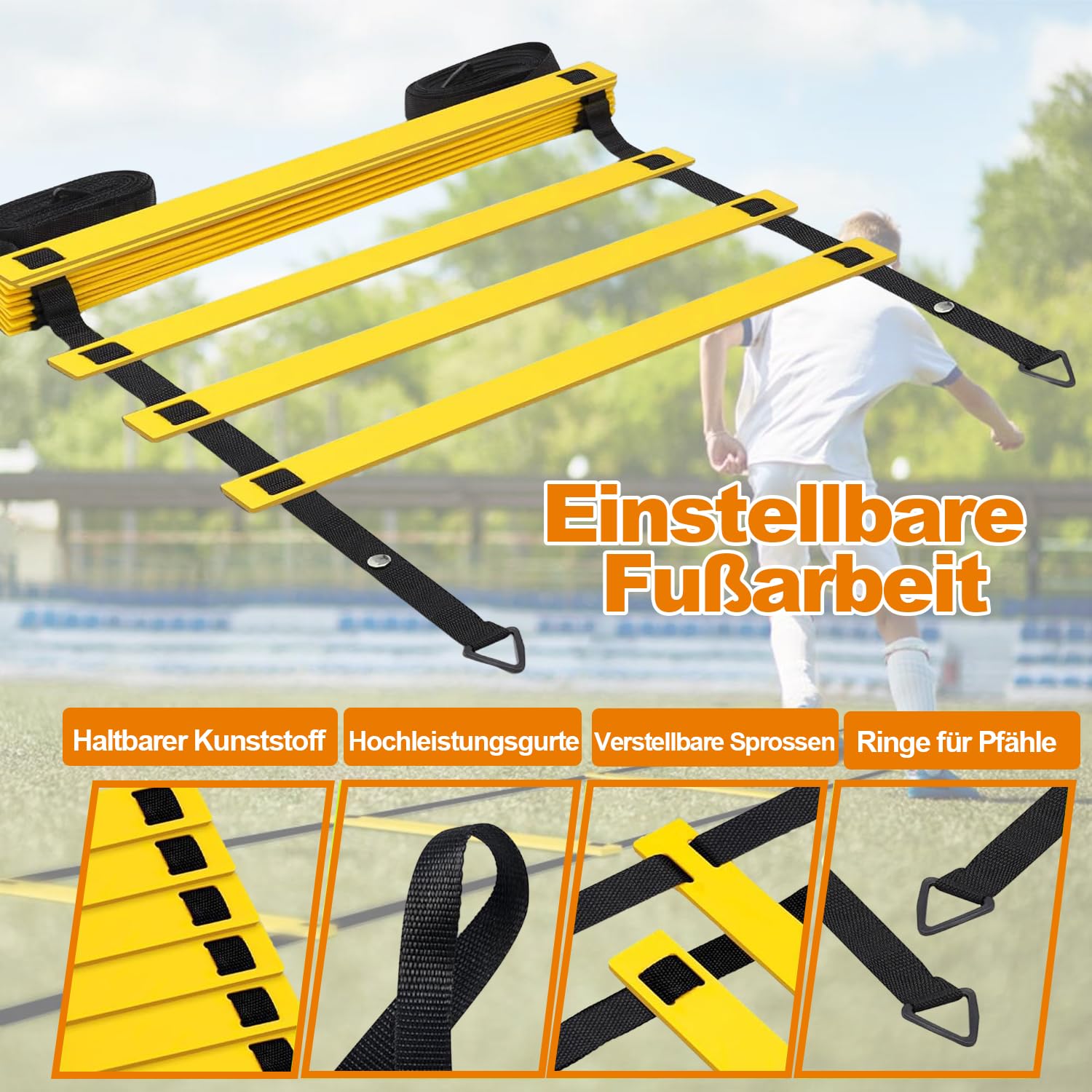 Fußball Trainingsset Mit 6 Agility Bars, Koordinationsleiter Fußball Und 10 Hütchen - Perfekt Für Speedtraining, Fußball, Basketball & Mehr - Hellfarben Für Bessere Sichtbarkeit