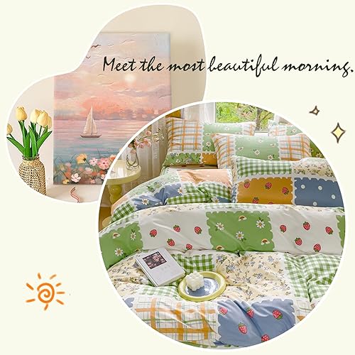 Miniatura 4 de AOJIM Juego de funda de edredón estética para niños y adultos, 3 piezas con patrones florales rosas, 1 funda de edredón de algodón suave y puro