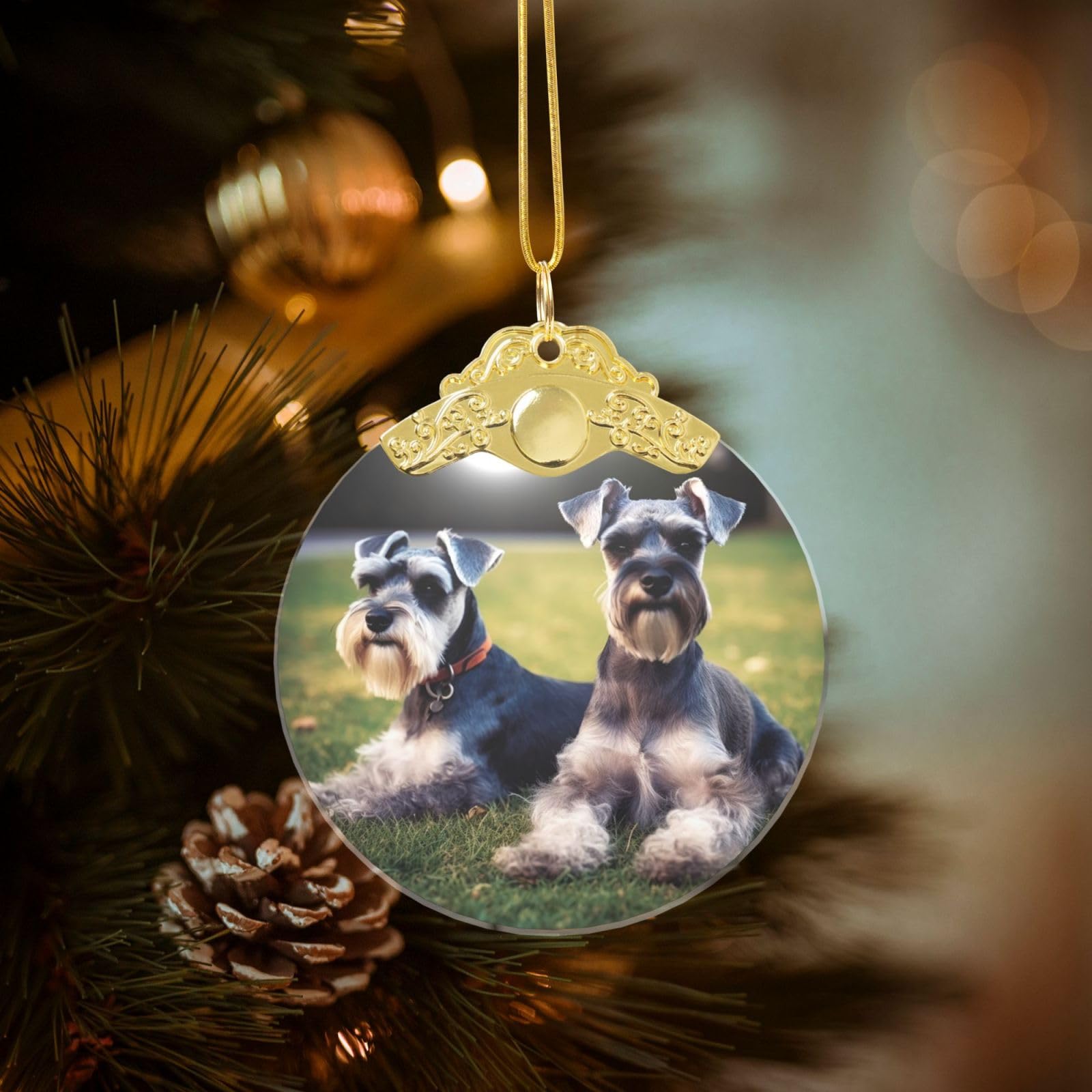 Crystal Christmas Ornaments for Christmas Tree Decoration Hanging Adult Schnauzer Dogs Ornament with Gold Ribbon Crafts Round Pendant for Keepsake Gifts Glass Xmas Decor Party Supplies
