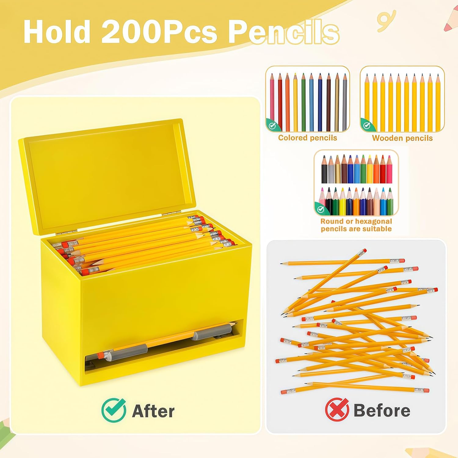 YEGEER Pencil Dispenser for Classroom, Wooden Pencil Holder, Classroom Teacher Must Have, Pencils Straws Organization & Storage for Classroom Office Kitchen Restaurant (yellow)