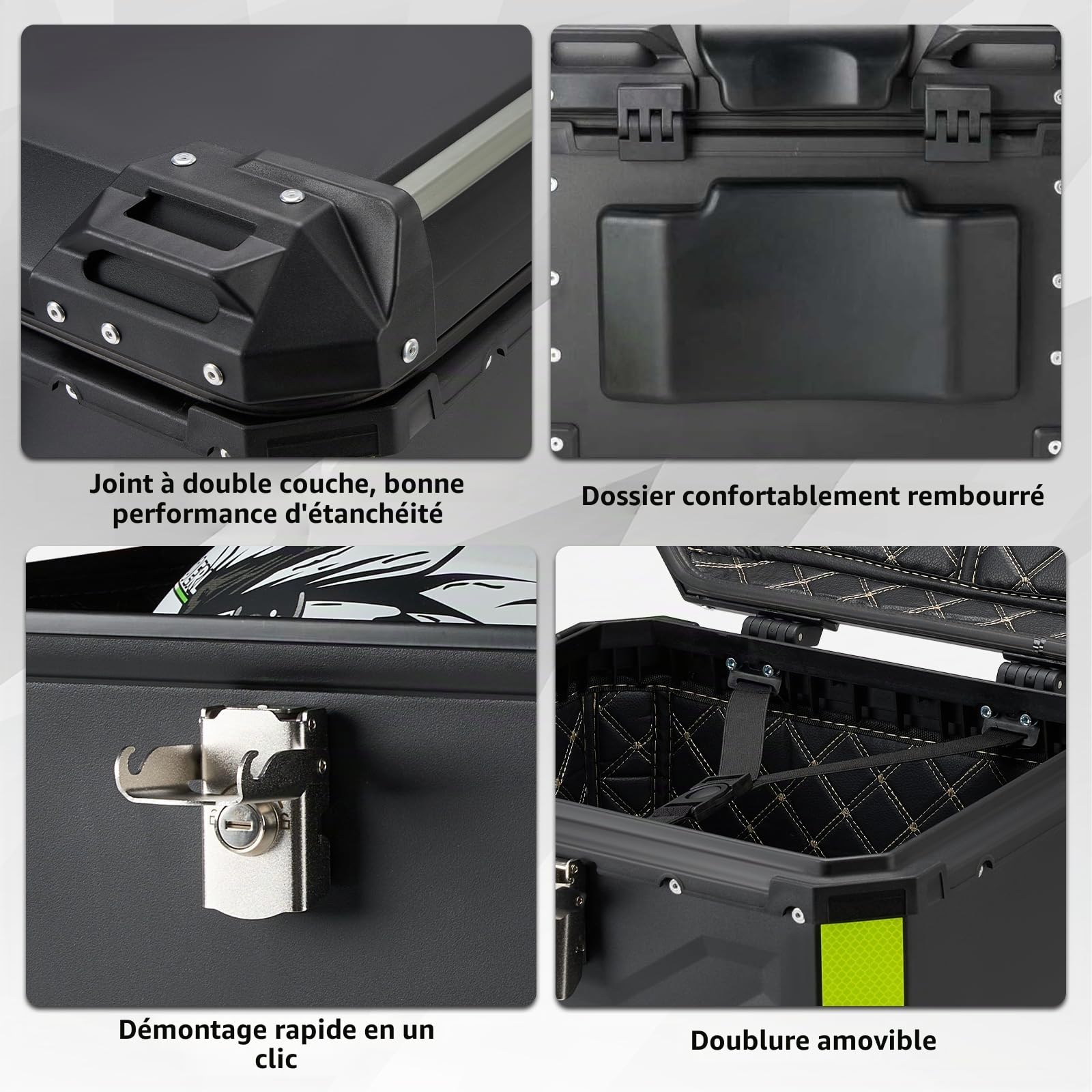 Top Case Universel pour Moto 45L, avec Dossier et Serrure de Sécurité, Coffre de Rangement pour Casque de Moto Étanche, Aluminium，Support de Fixation Universel (Noir)