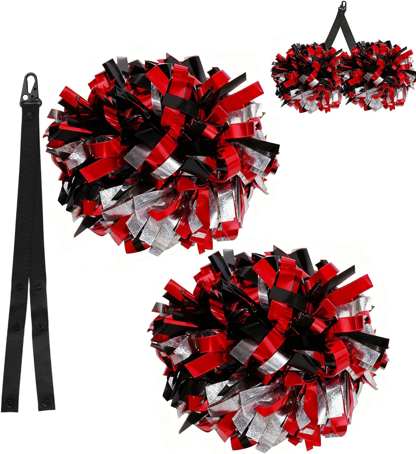 Cheerleading Pom Poms 6inch with Holder, Metallic Red Black Silver Cheer Pom Poms for Girls, Fun School Team Sports Dance Cheering Party Supplies for Adults Kids