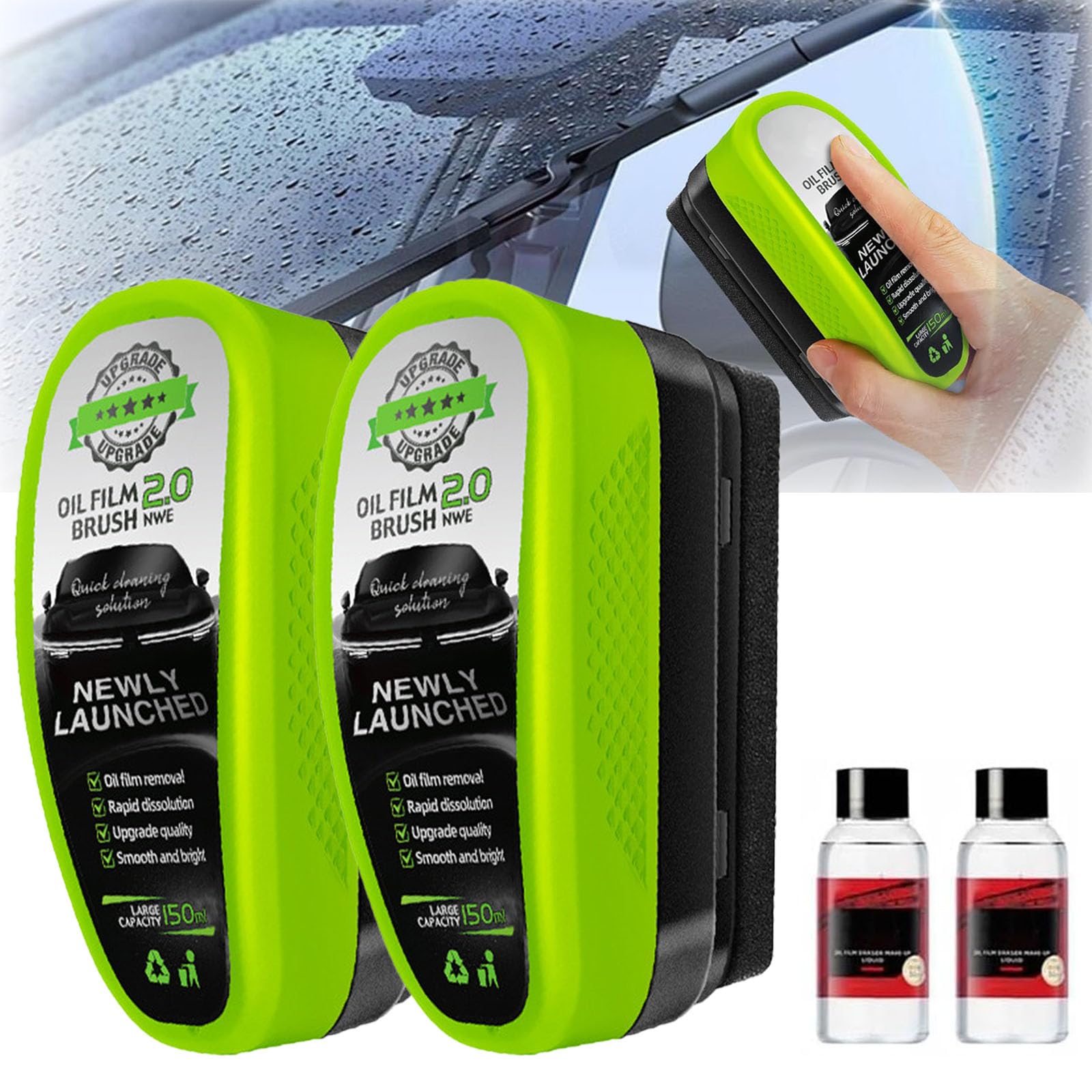 2Pcs Automotive Oil Film Cleaning Brush 2.0 with Refill, 2025 New Glass Oil Film Remover Brush for Car, Glass Cleaning Board for Windshield, Hydrophobic Glass Coating for Car