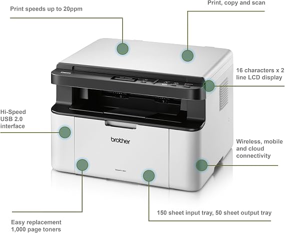 Brother DCP-1610W Mono Laser Printer - All-in-One, Wireless/USB 2.0, Compact, A4, Small Office/Home, White