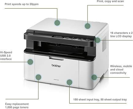 Brother DCP-1610W Mono Laser Printer - All-in-One, Wireless/USB 2.0, Compact, A4, Small Office/Home, White