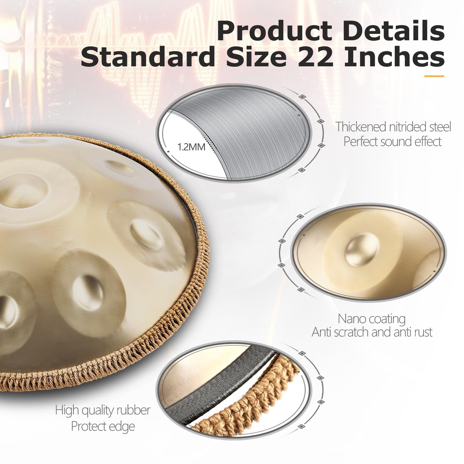 Handpan Drum, 12 Töne 22 Zoll Steel Instrument 440/432h Gold in D Minor Zungentrommel Mit Weicher Tasche, Schlägeln, Handtrommelständer für Anfänger, Profis, Musiktherapie (440Hz)