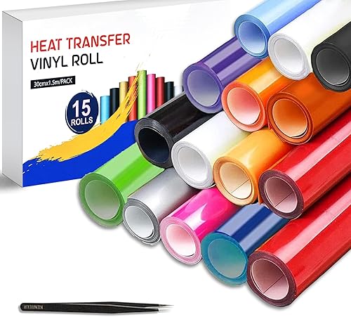 Paquete de 15 vinilos de transferencia de calor HTV  Rollos de vinilo HTV de 12 pulgadas x 5 pies para camisetas, vinilo para planchar para Cricut