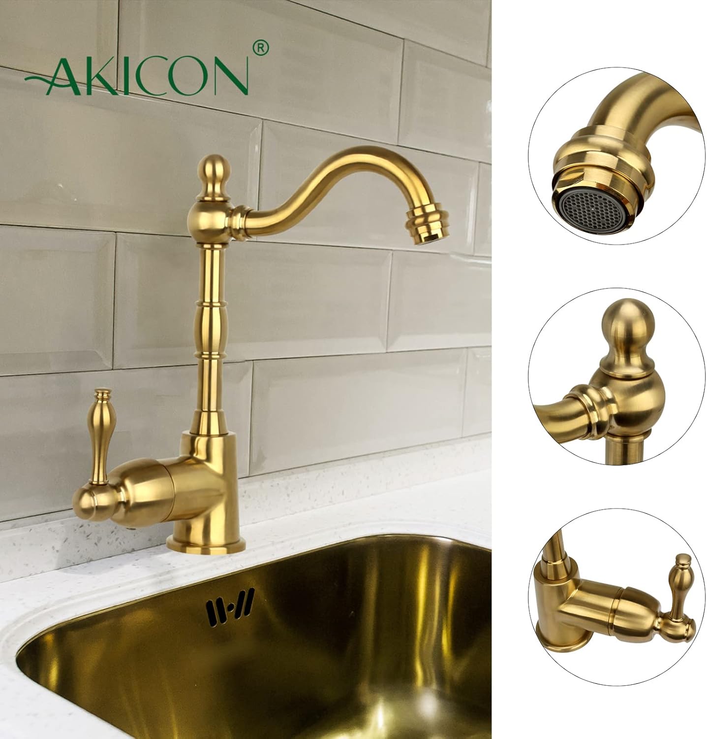 Akicon One-Handle Widespread Kitchen Bar Faucet (Brushed Gold)
