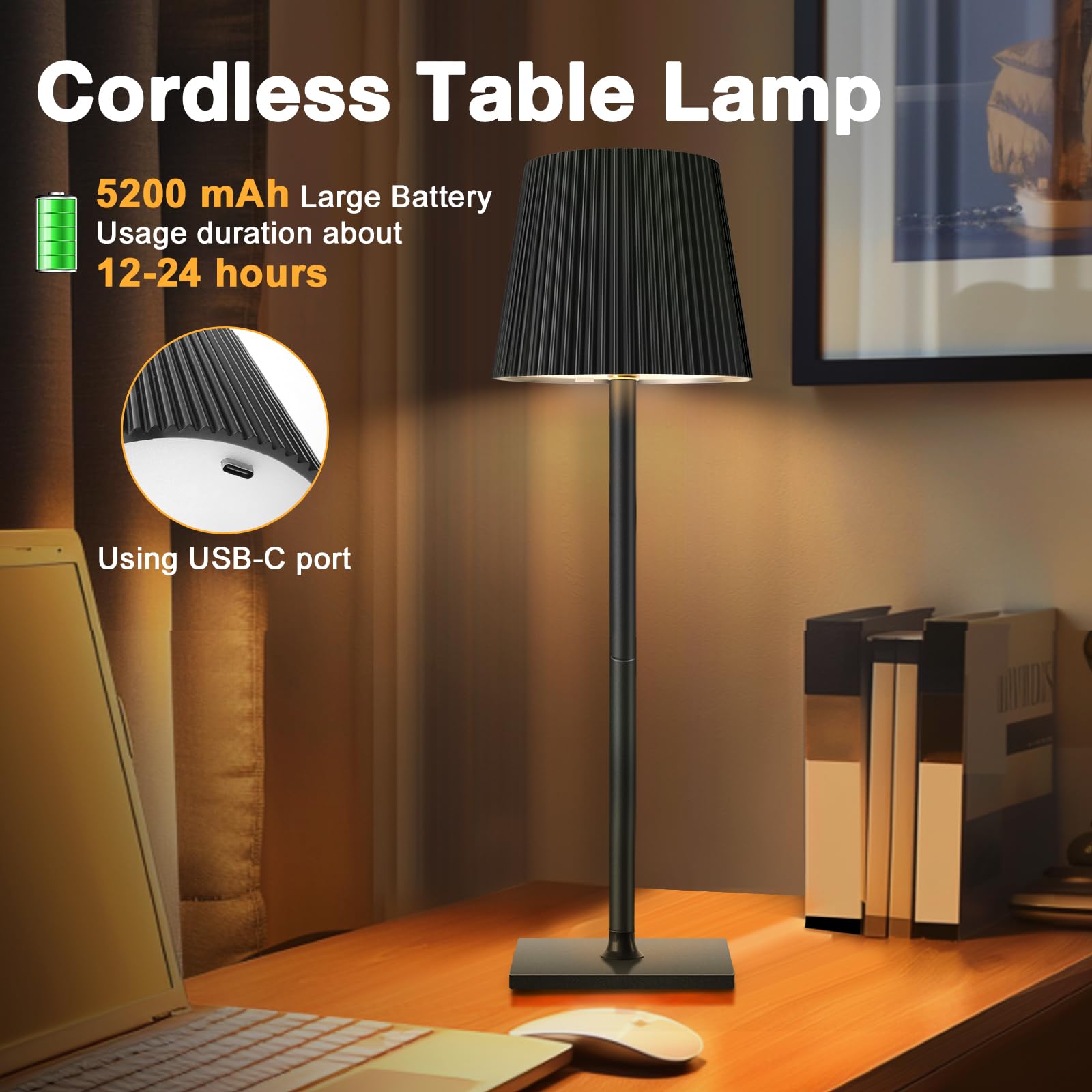 DAWALIGHT Lámpara De Mesa Inalámbrica LED Solar De 5200 MAh, Regulable 3000 K, Blanco Cálido, Recargable, Con Pilas, IP54, Impermeable, Táctil, Lámpara De Mesita De Noche Para Dormitorio, Sala De