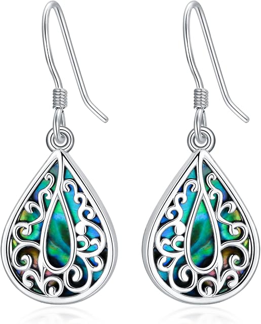 Filigree Teardrop Dangle Earrings 925 Sterling Silver Teardrop Abalone Shell Earrings Vintage Jewellery Birthday Gifts for Women