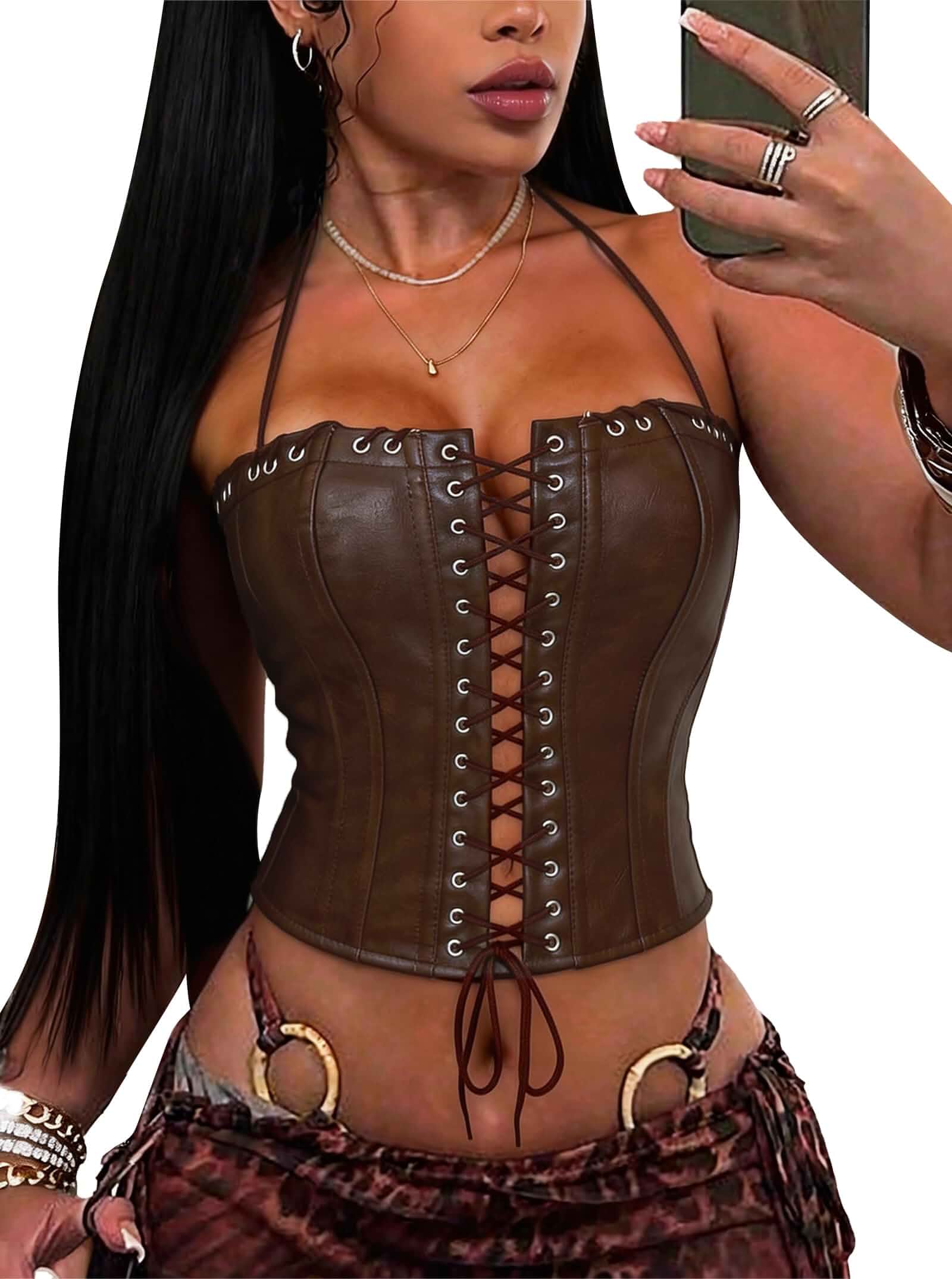 Women’s Leather Corset Tops Halter Sexy Going Out Bustier Tops Y2K Western Features: Faux Leather Halter Crop Tops,Front Lace-up,Back Zipper Closure,Tube Design,Boned Structure,Party Rave Club Outfits