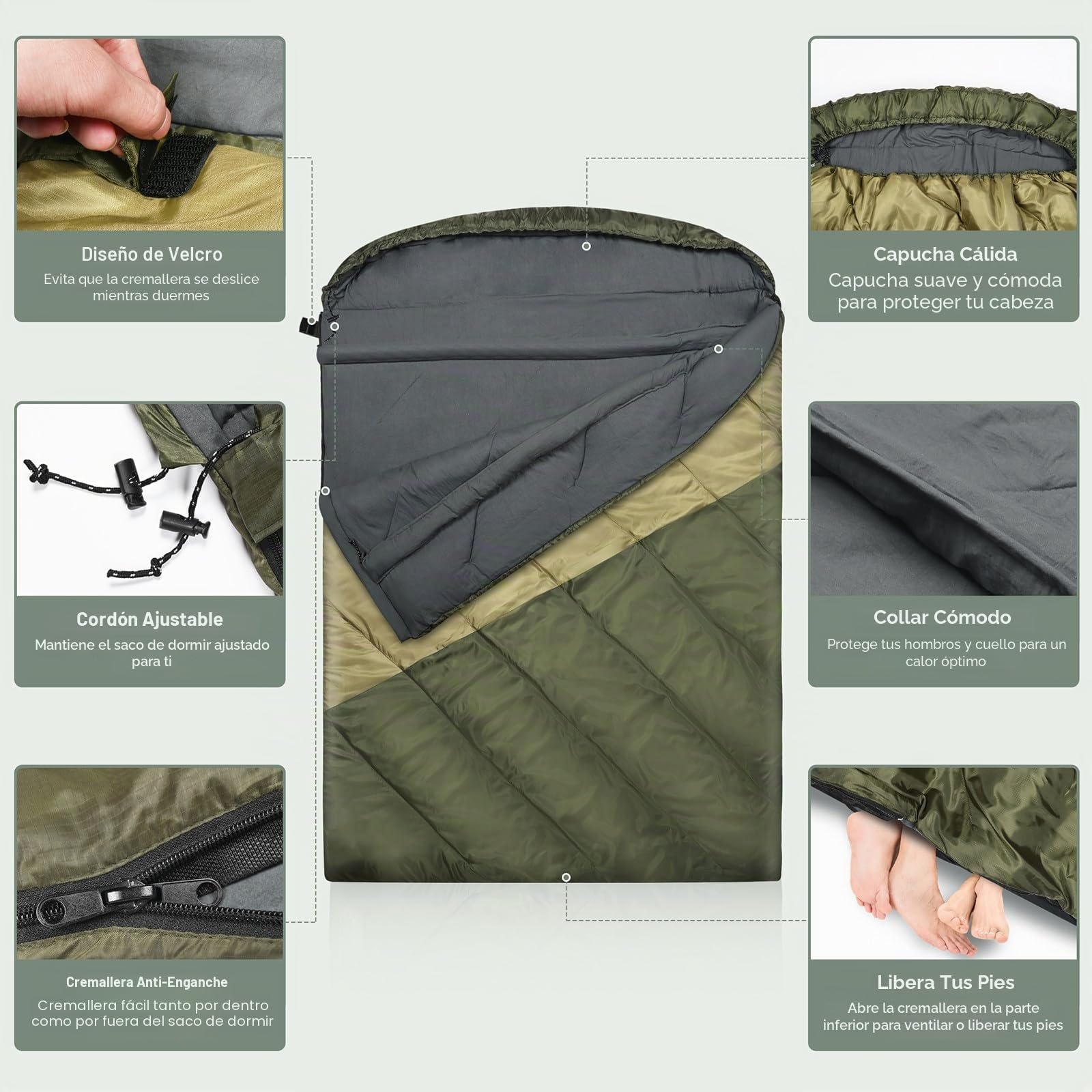 Saco de dormir doble, saco de dormir para 2 personas, tamaño Queen, para adultos, parejas, familia, camping, mochileros, XL, impermeable, ligero, para clima frío y cálido (verde militar)