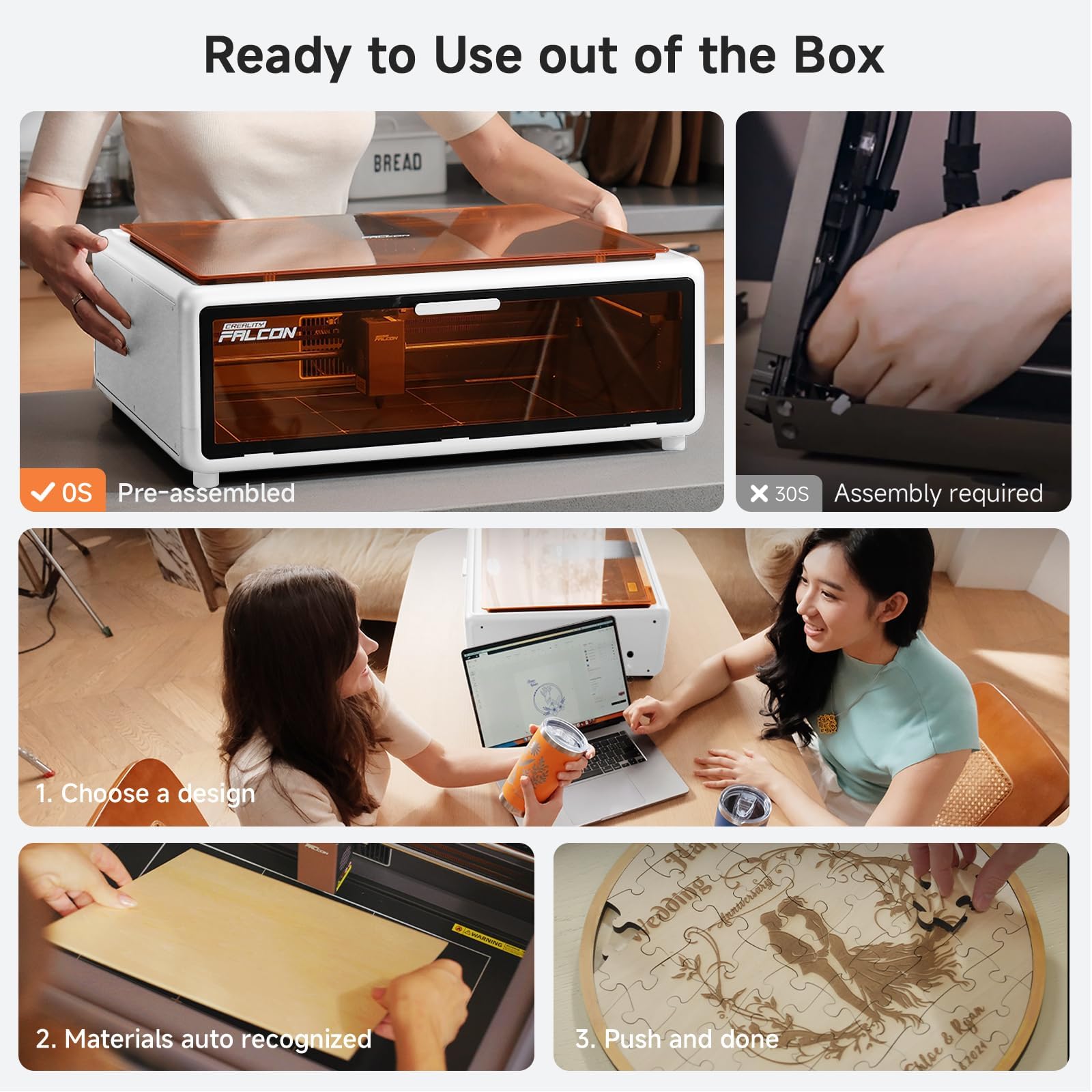 Creality Falcon A1 10W Geschlossener Lasergravierer, Klasse 1 Sicherheits-Laser-Cutter mit HD-Kamera & Air Assist, Vormontiert 600mm/s CoreXY, für Holz und Acryl, Weiß