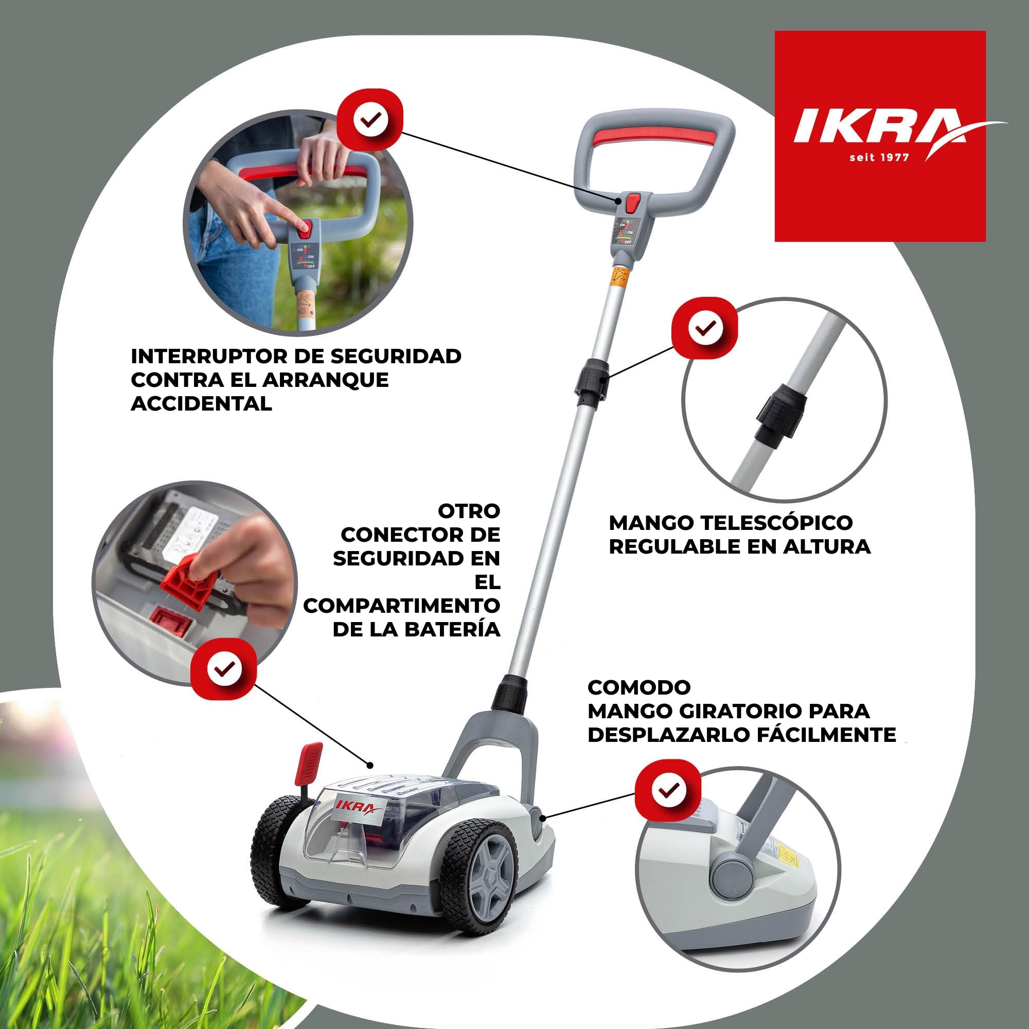 IKRA cortacésped ICHM 20, con cuchilla de repuesto, 2 baterías y cargador | Con función de mulching, recomendado para 50 m², ancho de corte de 21cm, altura de corte de 25-48mm, gama de 20V de IKRA
