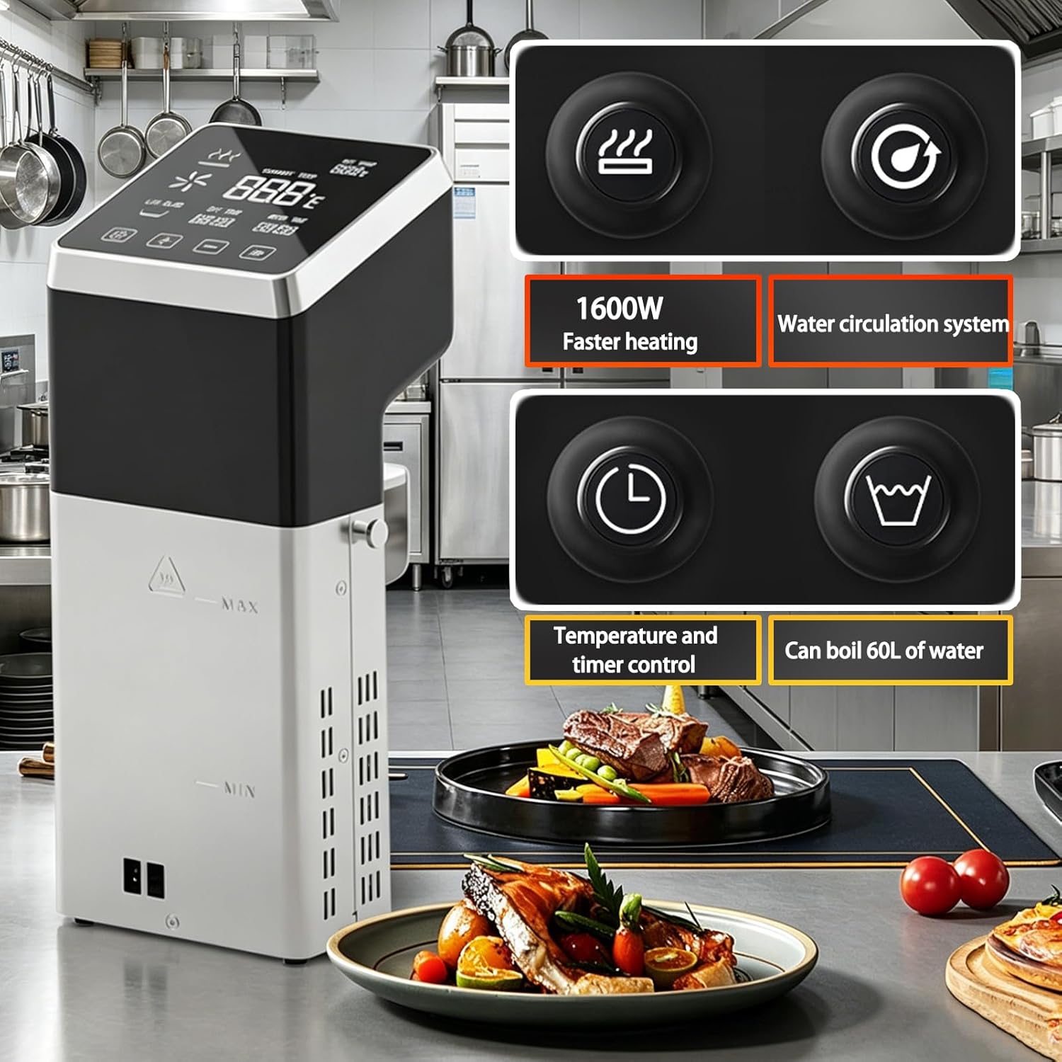 1600W Sous Vide Machine with Fast Heating and Accurate Temperature Control, IPX7 Waterproof Immersion Circulator with Timer for Low-Temp Cooking, Stainless Steel Quiet Commercial Cooker