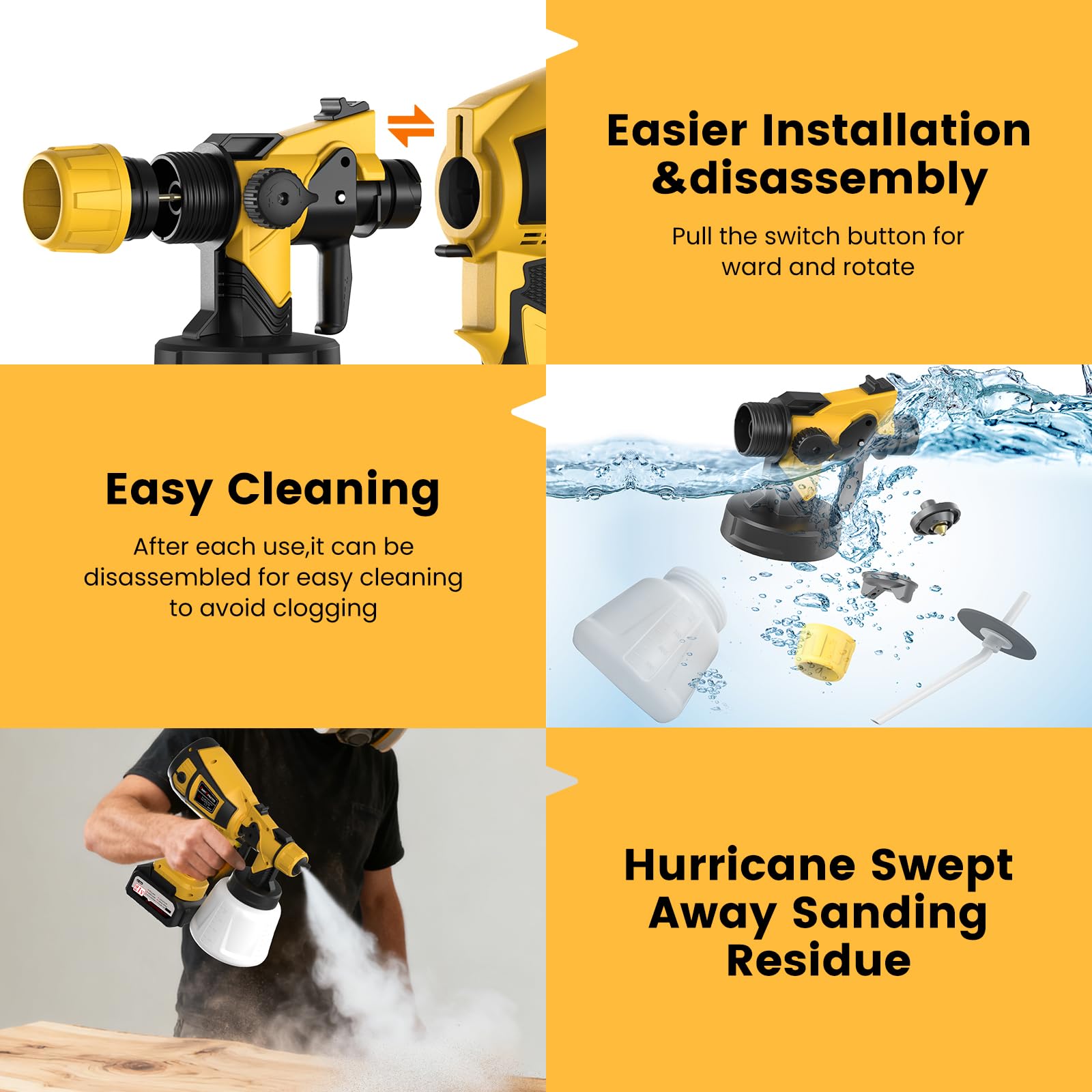 HVLP Pistola Pintura Electrica, 650W Pulverizador de Pintura con Contenedor de 1000ml,6 Boquillas y 3 Modelos. Pstola Pintura Bateria 2 de 4000 mAh para Interiores y Exteriores (Amarillo)