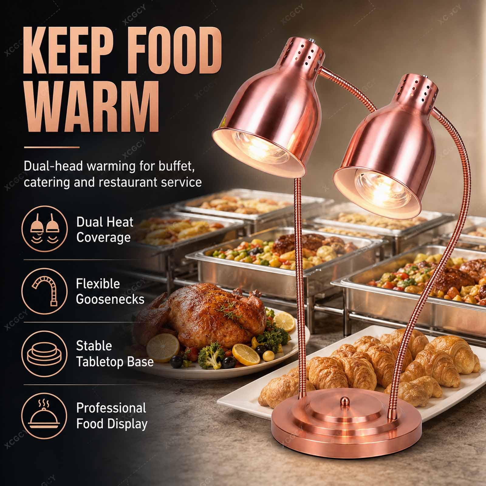 Lámpara De Mesa Térmica Infrarroja Comercial De 500 W con Doble Cabezal, Lámpara De Calor para Alimentos, 2 Bombillas 250 W, Cabezales 360° para Buffet, Catering Y Restaurante Rose Gold