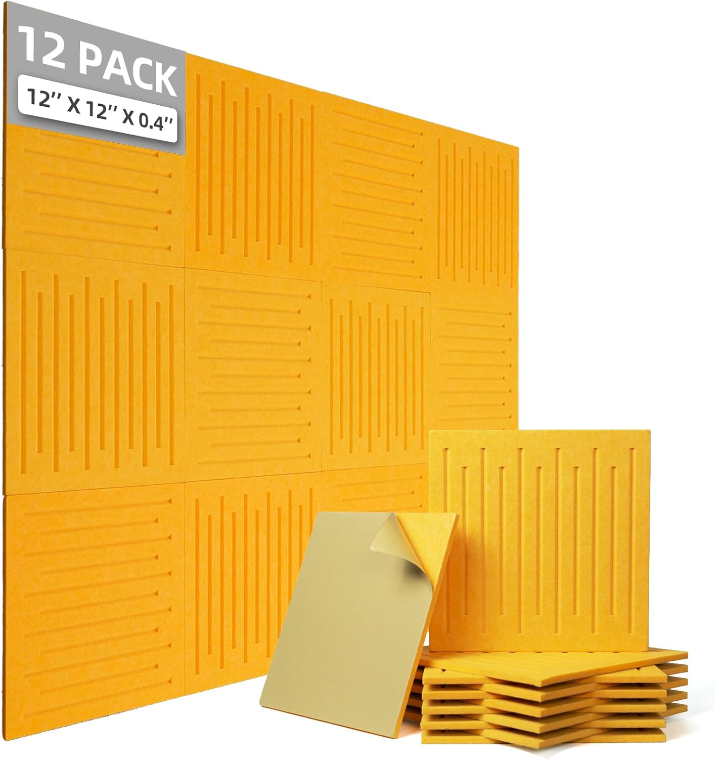 12 Pack Acoustic Wall Panels Self Adhesive – 12″ X 12″ X 0.4″ Acoustic Panels Sound Absorbing High Density Soundproof Foam Acoustic Treatment Tiles for Home Studio Office (Orangish Yellow)