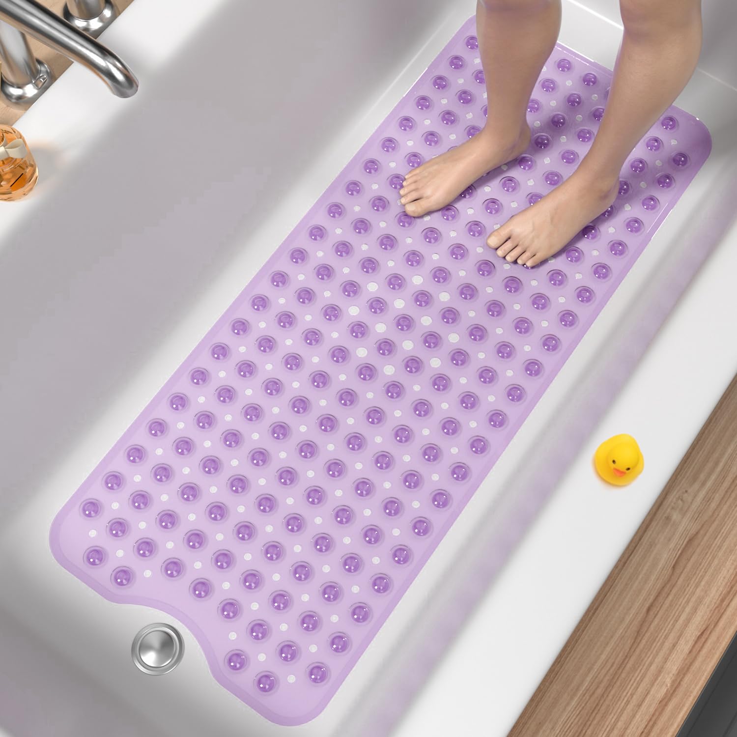 HITSLAM Non Slip Bath Mat for Tub, 101 x 40cm Extra Long Shower Mat Anti Mould, Machine Washable Bathroom Bathtub Mat with Suction Cups and Drain Holes, Soft on Feet, Clear Purple