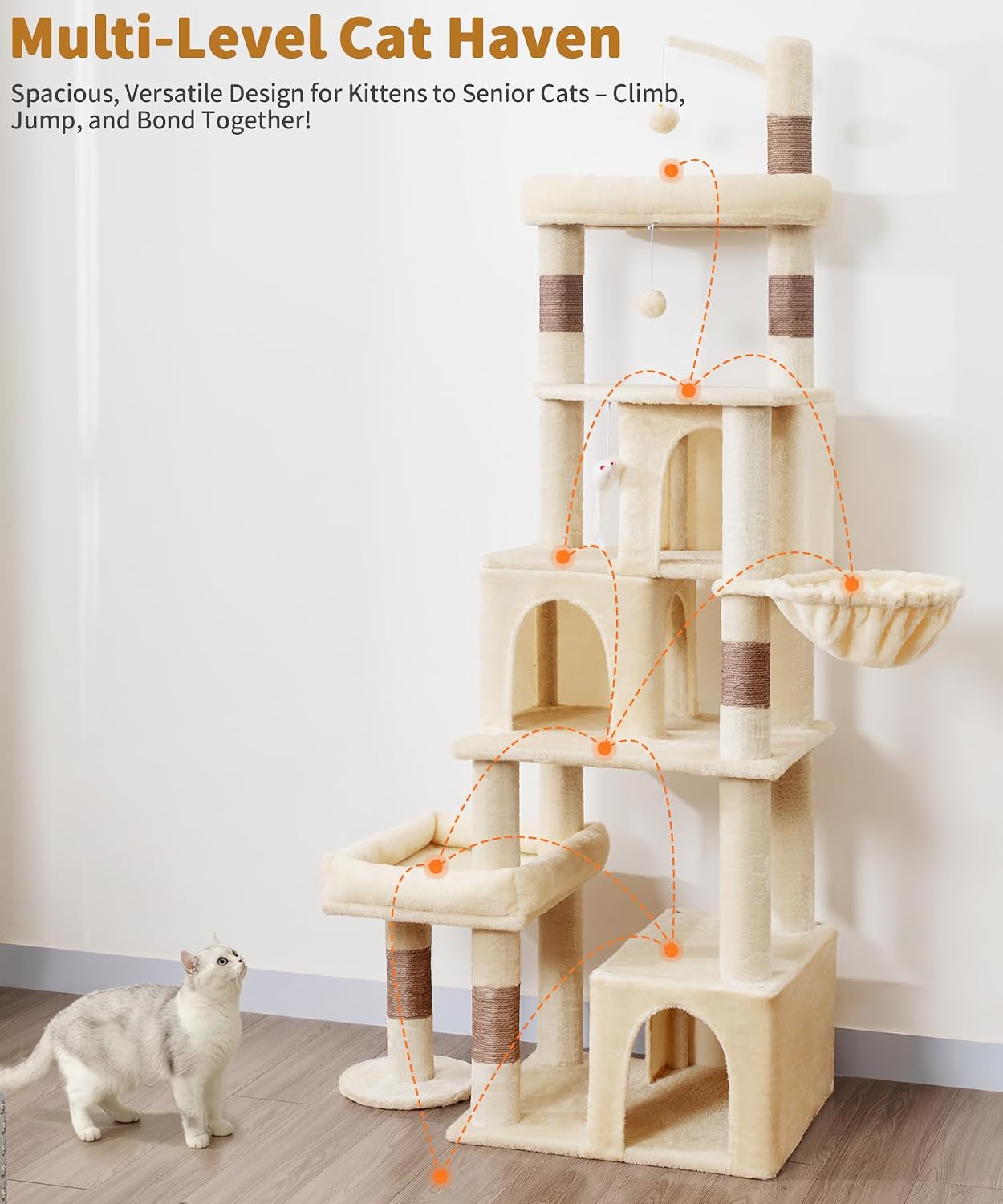 Heavy Duty Cat Tree for Indoor Cat, 74 Inch Cat Tower with Scratching Post, Hanging Basket, Cat Condo with Large Platform for Large Cats, PMT04BW, Beige