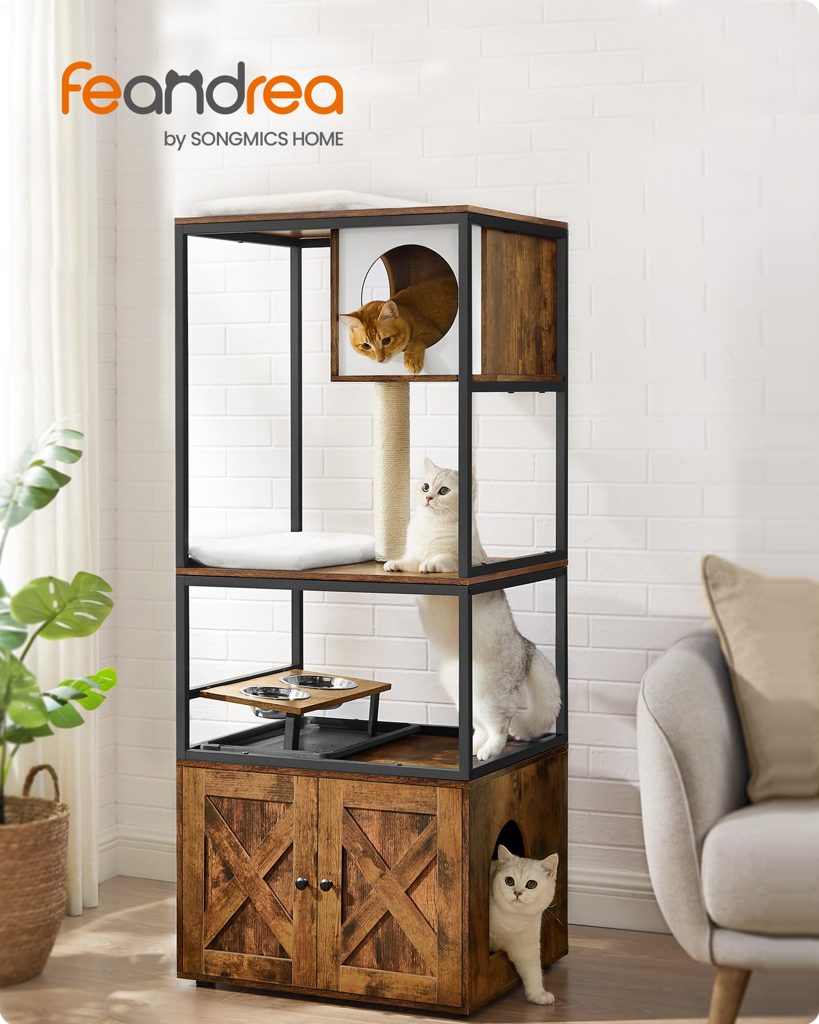 Feandrea Kratzbaum, Katzenbaum, Katzenhaus mit Katzenklo-Schrank, erhöhter Napfständer, Sisalstamm, waschbare Kissen, vintagebraun PCT312X01