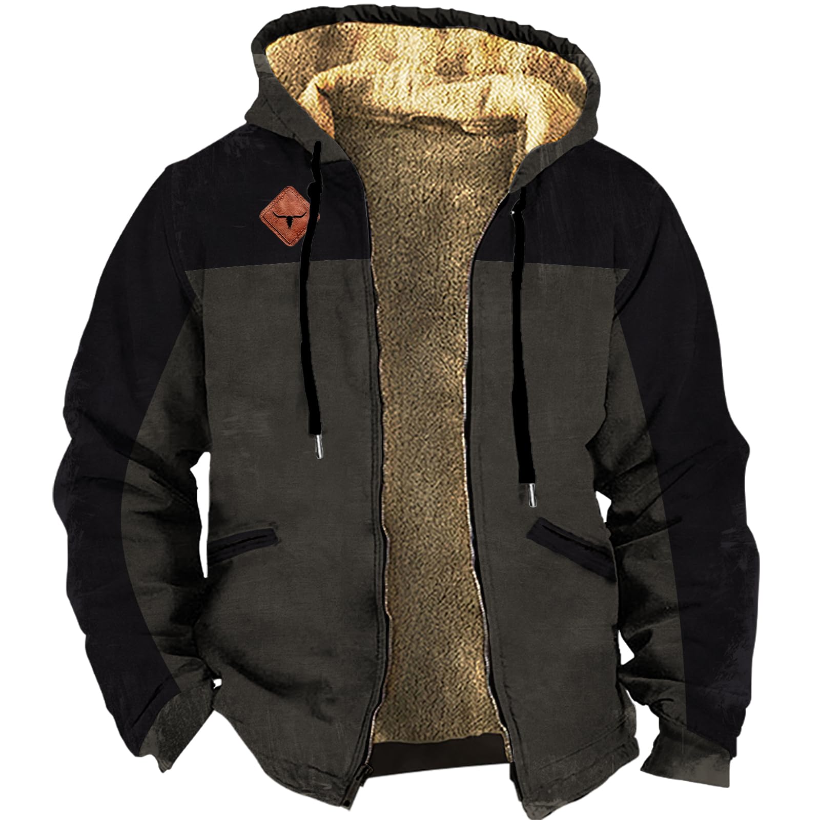 Western Fleece Jacket Men Vintage Graphic Sherpa Zip Up Heavy Warm Big and Tall Lined Coats with Hooded