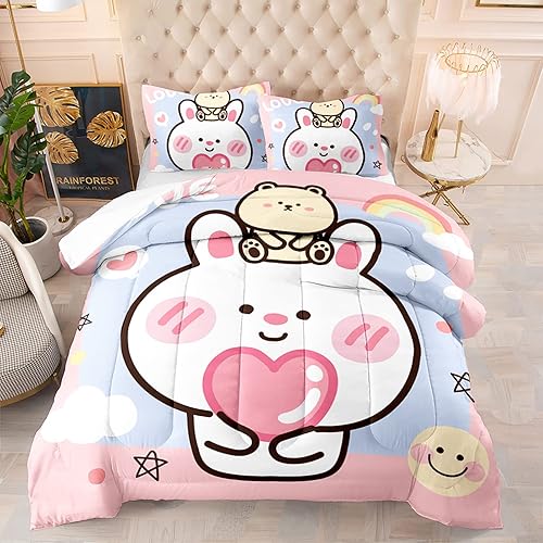 BailiPromise Edredón Kawaii de conejo tamaño matrimonial, juego de edredón rosa para niños, adolescentes y niñas, juego de ropa de cama de 3 piezas