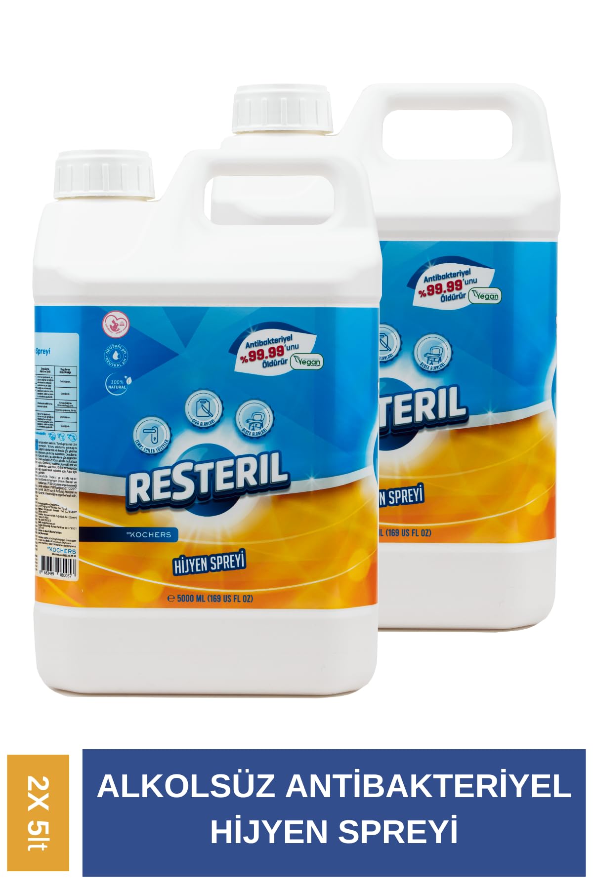 Resteril Antibakteriyel%100 Doğal Alkolsüz Dezenfektan Yüzey Temizleyici Günlük Hijyen Spreyi Seti 2x5000ml