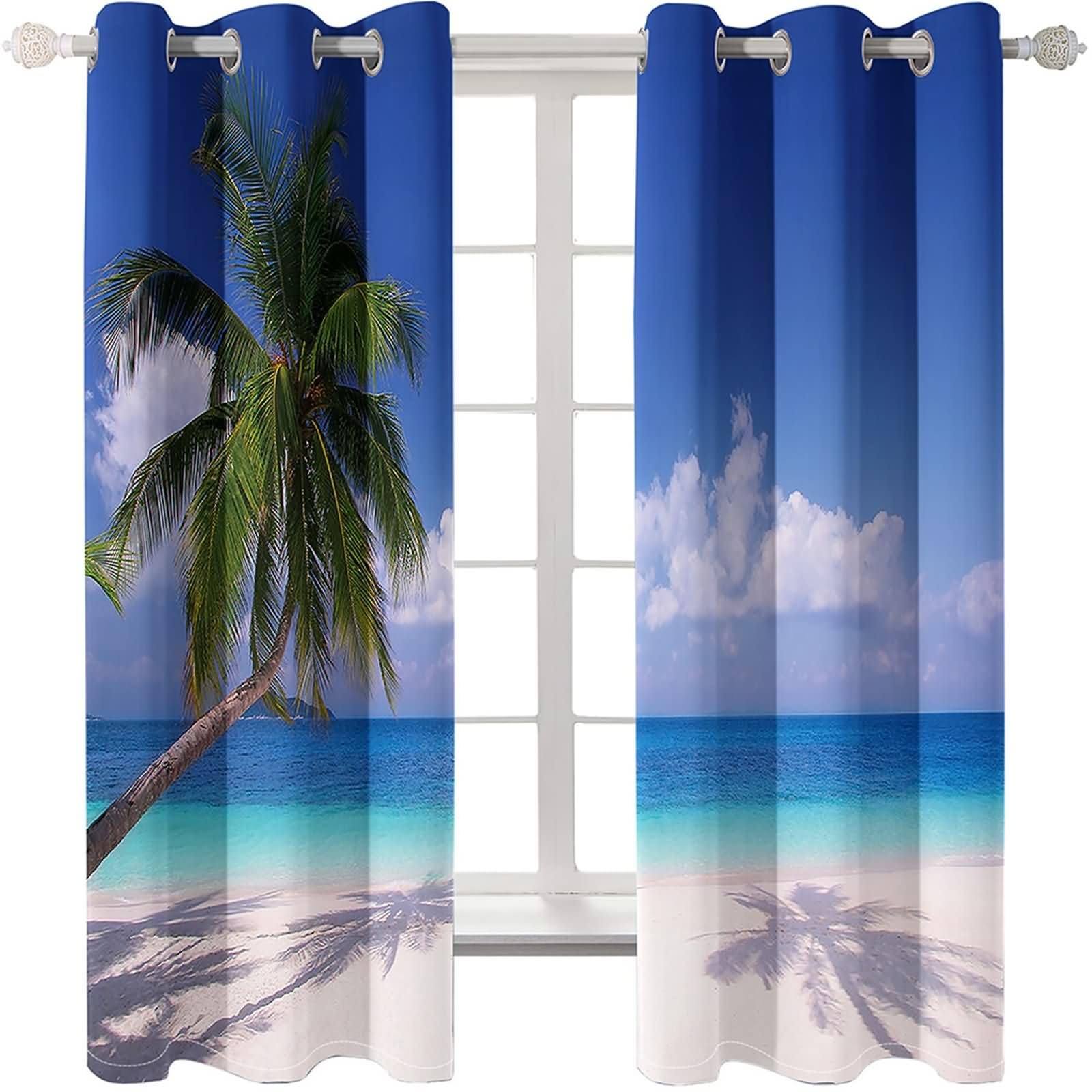 Zasłony nieprzezroczyste do pokoju młodzieżowego, zestaw 2 sztuk, 2 x 86 W x 183 cm (wys. x szer.), zasłony do sypialni, na przelotkach, na plaży palmowej, krajobrazu, niebieskie, zielone