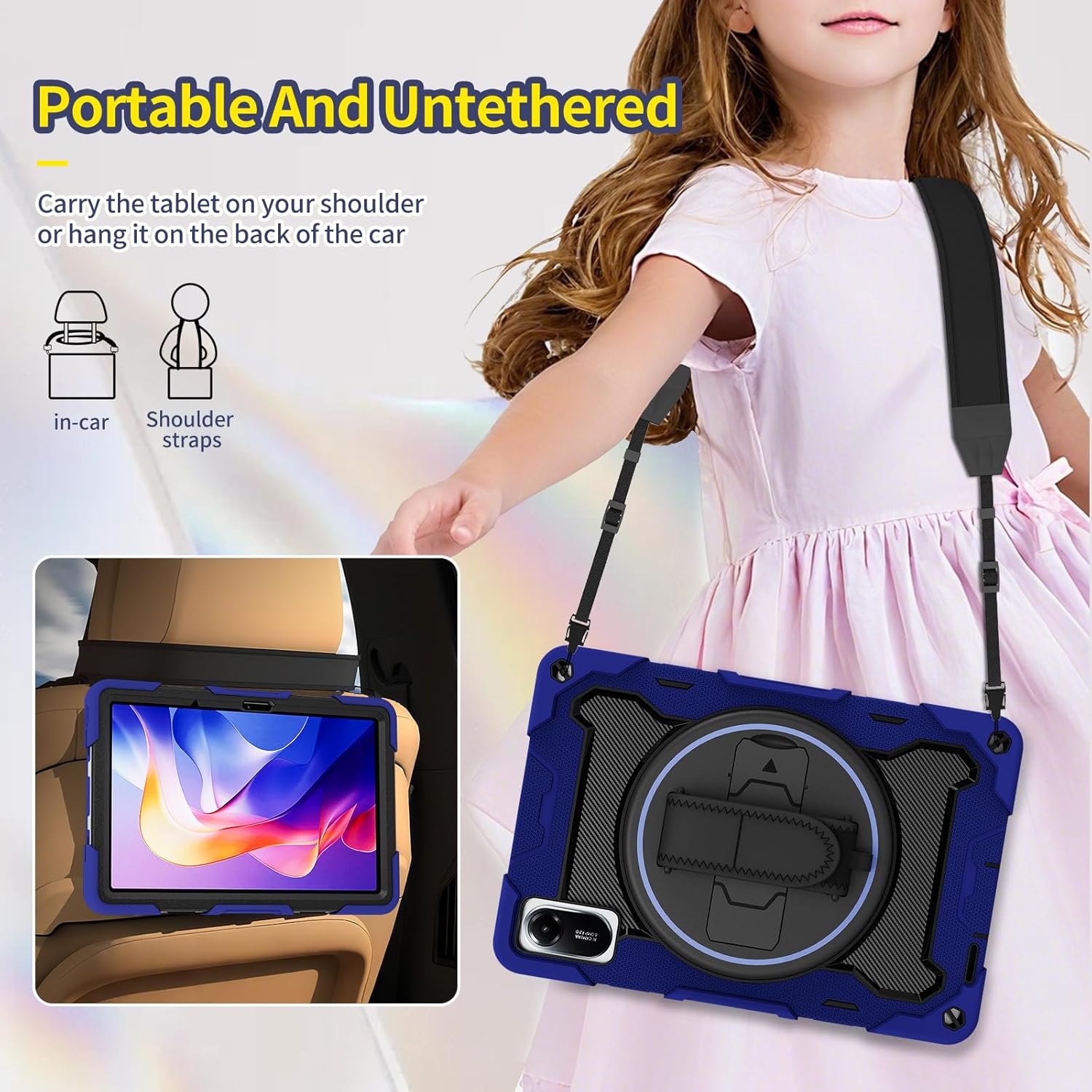 Case Tablet Compatible with Xiaomi Redmi Pad 2 11 inch (2025),Multi-Angle Elastic Bracket+360° Adjustable Swivel Hand Strap Three-in-one Shatter-Resistant Shell W/Shoulder Strap (Blue)